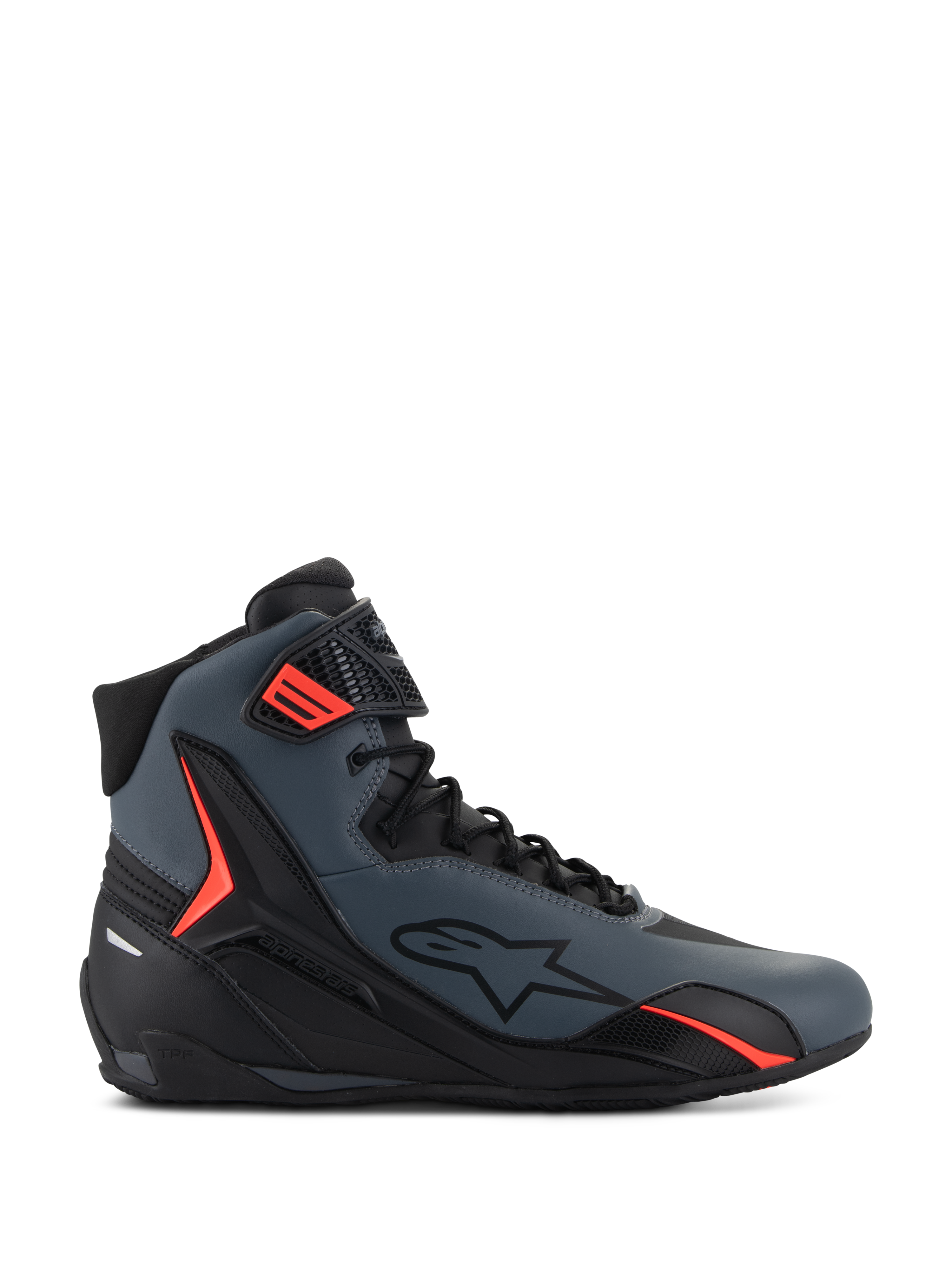 Alpinestars Faster-4 Schuhe, High-Top-Motorradschuhe, Dunkelgrau und Schwarz mit leuchtend roten Akzenten, elegantes Mikrofaser-Obermaterial, seitliches Stern-Logo, sicheres Schnürsystem mit verstellbarem Knöchelriemen