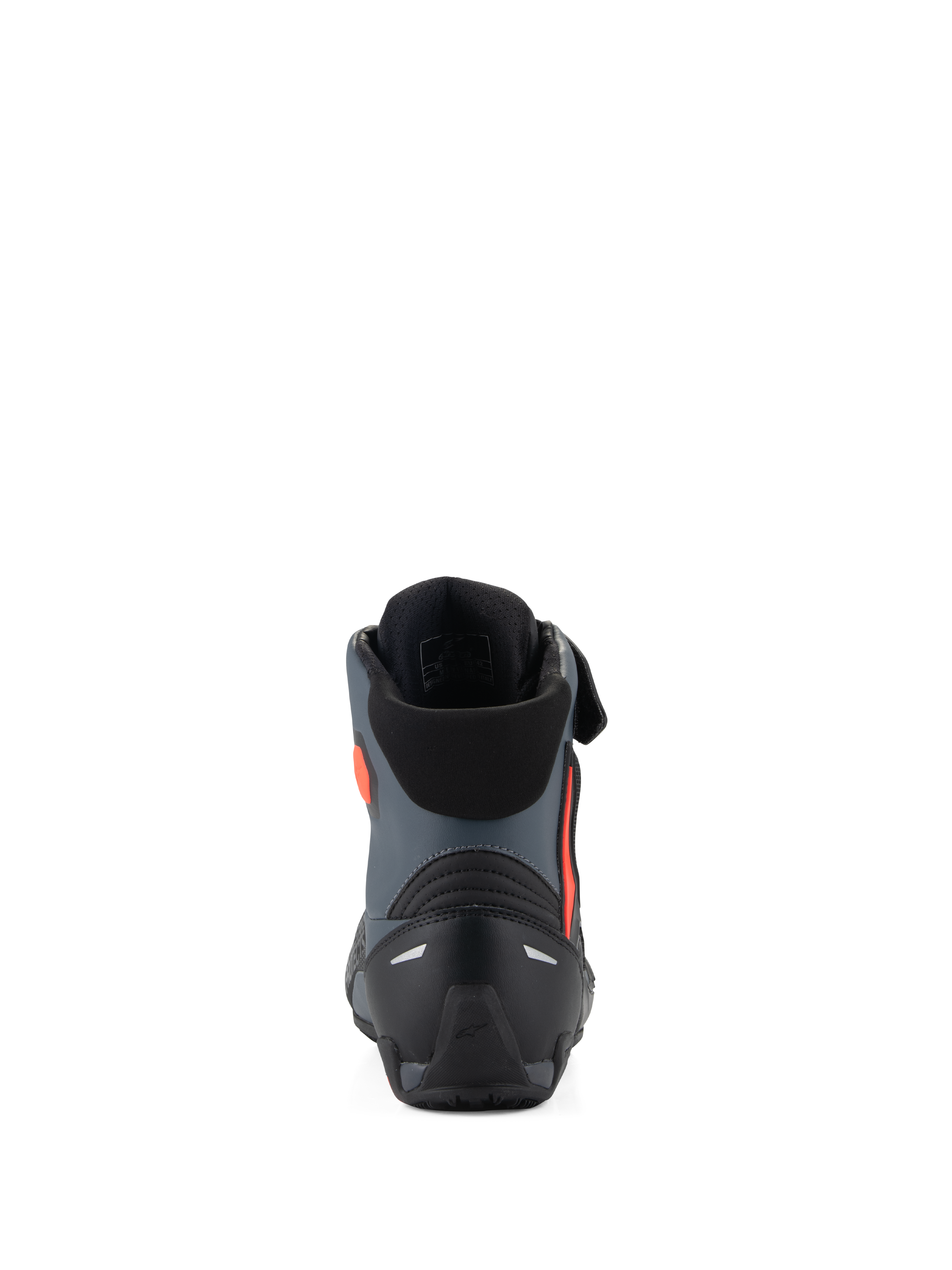 Alpinestars Faster-4 Schuhe, Motorradschuhe, Schwarz, Grau und Rot Fluo, Rückansicht mit verstärkter Fersenkappe, Knöchelunterstützung und schlankem, sportlich inspiriertem Design.