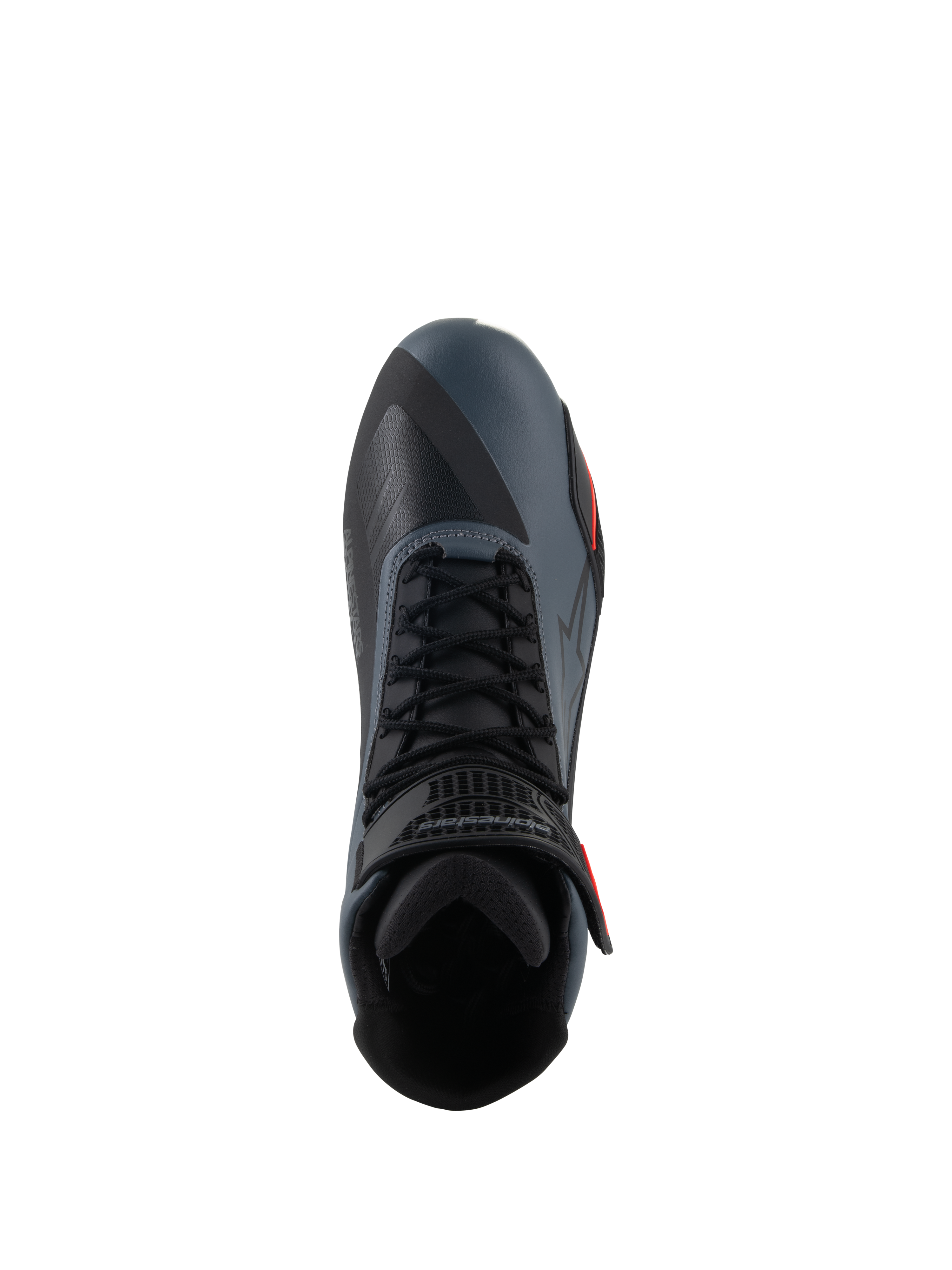 Alpinestars Faster-4 Schuhe, Motorradschuhe, Schwarz, Grau und Fluo-Rot, Draufsicht mit Fokus auf Schnürverschluss und Knöchelriemen, technisches Mikrofaser-Obermaterial mit nahtlosen Paneelen, sportliches Design für Performance-Straßenfahrten.
