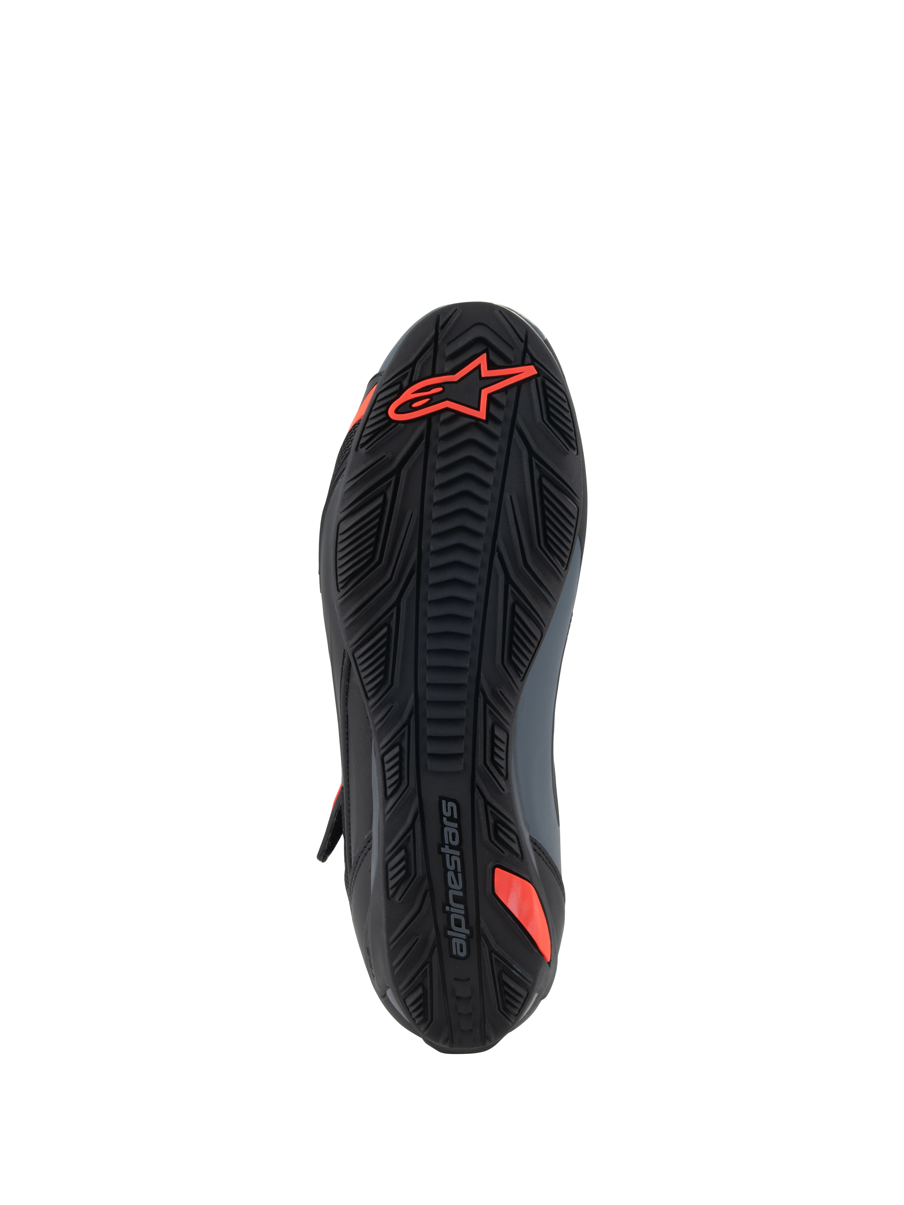 Alpinestars Faster-4 Schuhe, Motorradschuhe, Schwarz und Rot Fluo, Unteransicht mit strukturierter Gummisohle, rotem Astars-Logo und geprägtem Branding, entwickelt für Grip und Langlebigkeit.