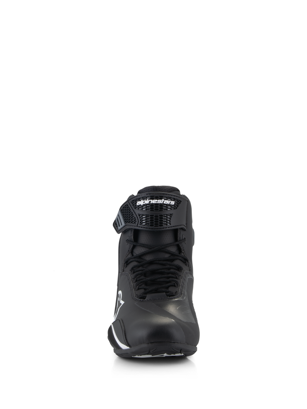Alpinestars Faster-4 Schuhe, Motorradschuhe, Schwarz und Weiß, Frontansicht mit Schnürverschluss und verstellbarem TPR-Knöchelriemen mit Alpinestars-Logo, schlankes und schützendes Design für Straßenfahrten