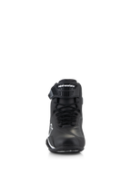 Alpinestars Faster-4 Schuhe, Motorradschuhe, Schwarz und Weiß, Frontansicht mit Schnürverschluss und verstellbarem TPR-Knöchelriemen mit Alpinestars-Logo, schlankes und schützendes Design für Straßenfahrten