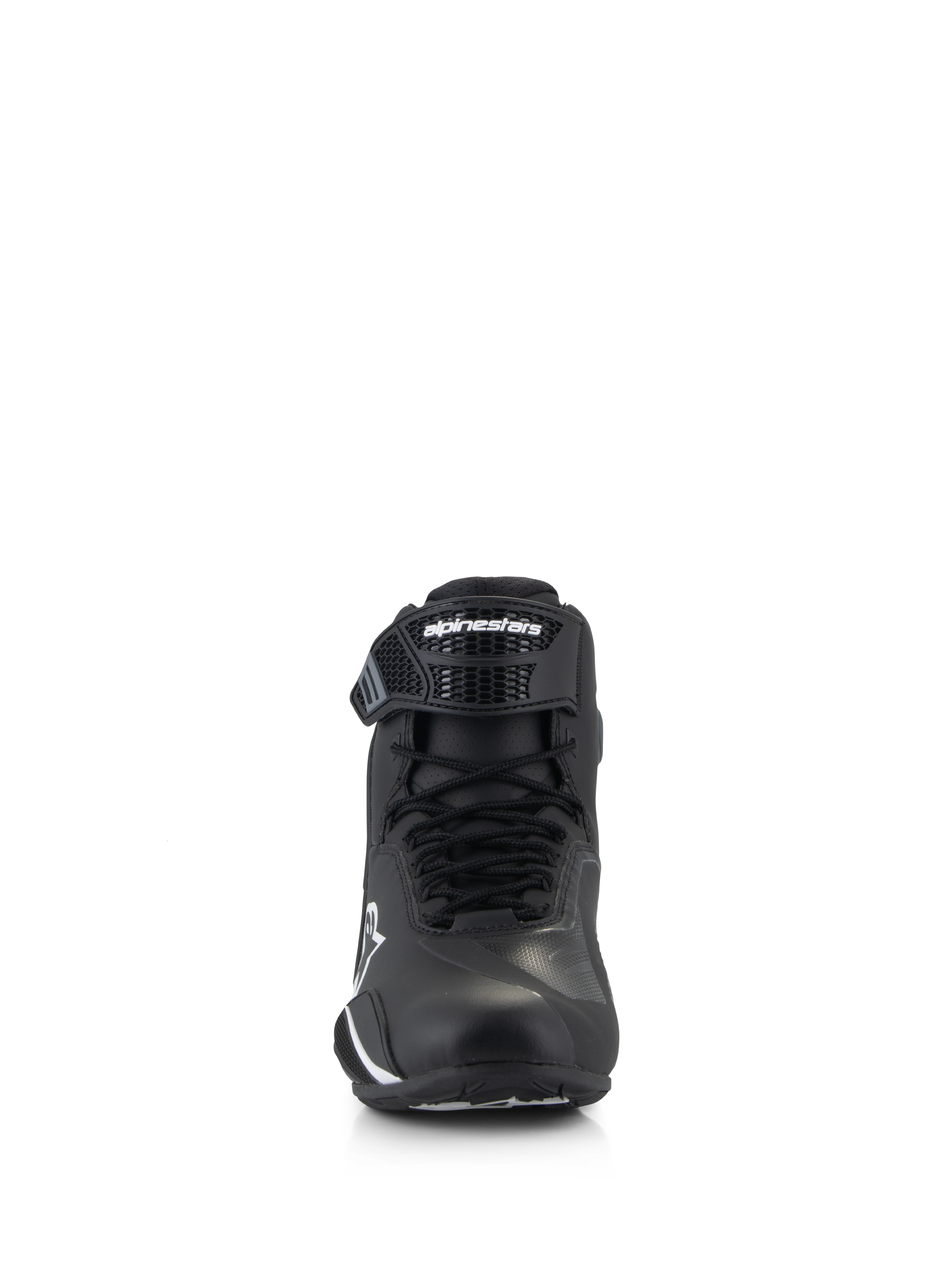 Alpinestars Faster-4 Schuhe, Motorradschuhe, Schwarz und Weiß, Frontansicht mit Schnürverschluss und verstellbarem TPR-Knöchelriemen mit Alpinestars-Logo, schlankes und schützendes Design für Straßenfahrten