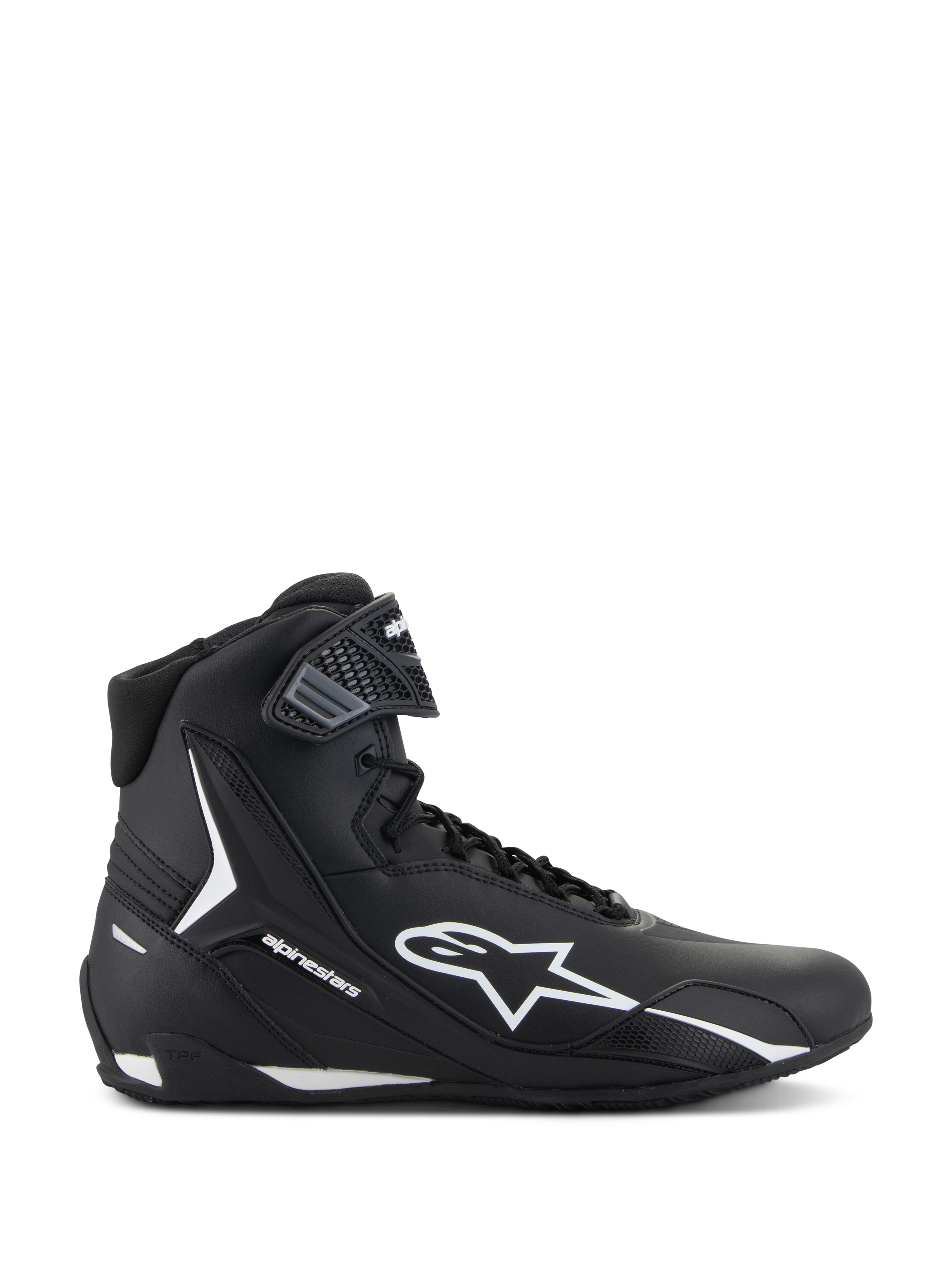 Alpinestars Faster-4 Schuhe, Schwarz-weiße Motorradschuhe, Seitenansicht des High-Top-Designs mit weißem Stern-Logo, strukturierter Knöchelriemen, Schnürverschluss, schlankes Mikrofaser-Obermaterial, vom Rennsport inspiriertes Performance-Schuhwerk