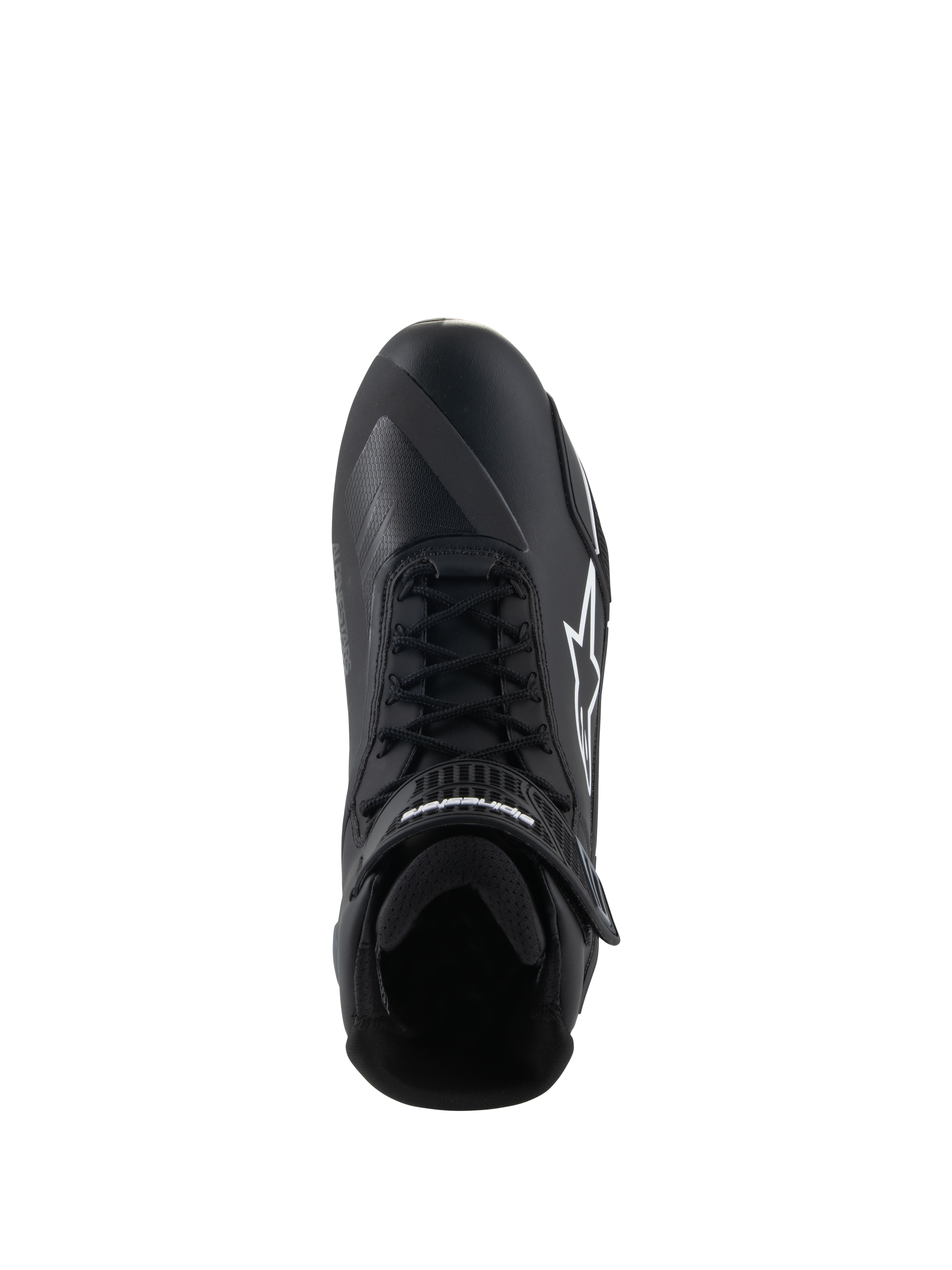 Alpinestars Faster-4 Schuhe, Motorradschuhe, Schwarz und Weiß, Draufsicht zeigt Schnürverschluss, Klettverschluss am Knöchel und weißes Alpinestars-Logo an der Seite