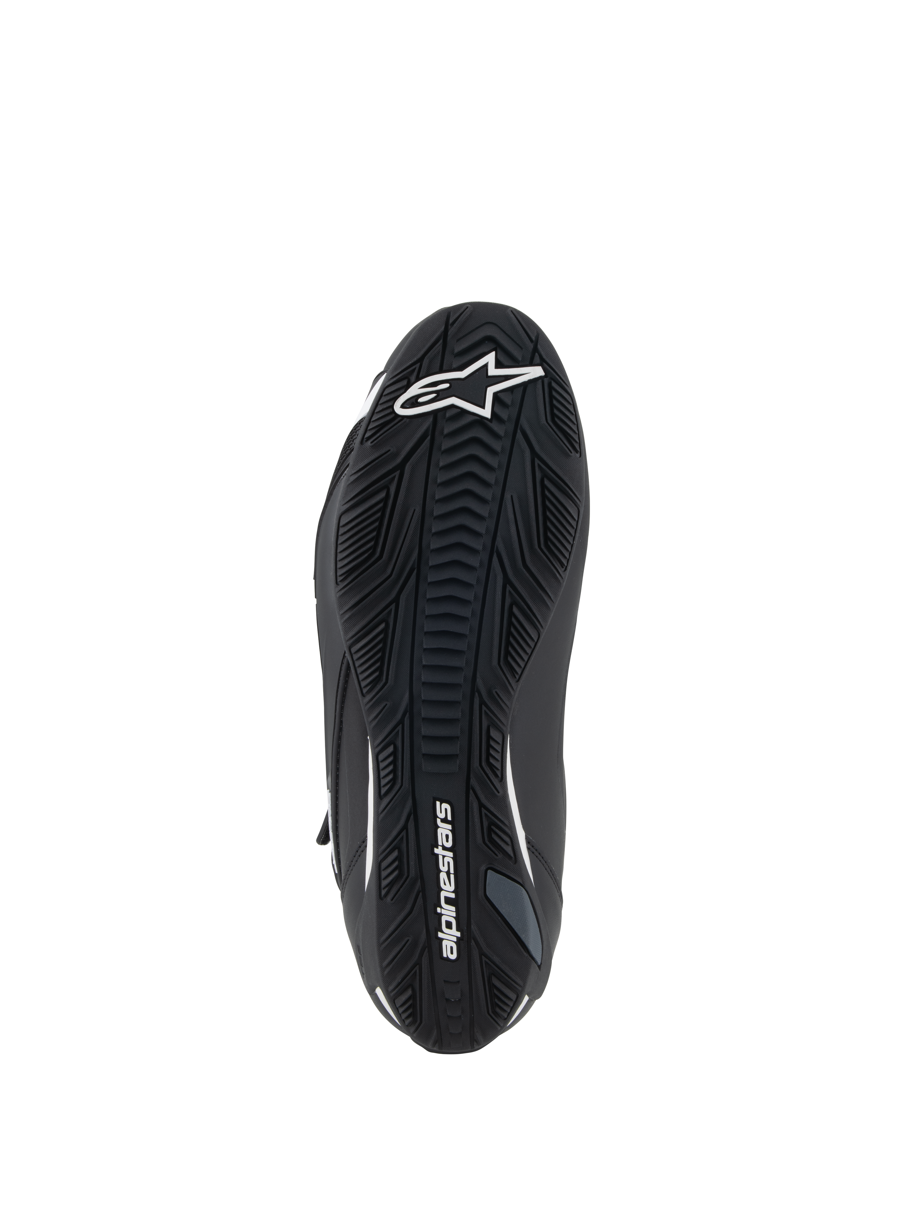 Alpinestars Faster-4 Schuhe, Motorradschuhe, Schwarz und Weiß, Ansicht der texturierten Gummisohle, mit weißem Alpinestars Stern-Logo an der Zehenpartie und Wortmarke am Fußgewölbe, griffige Außensohle für Performance auf der Straße
