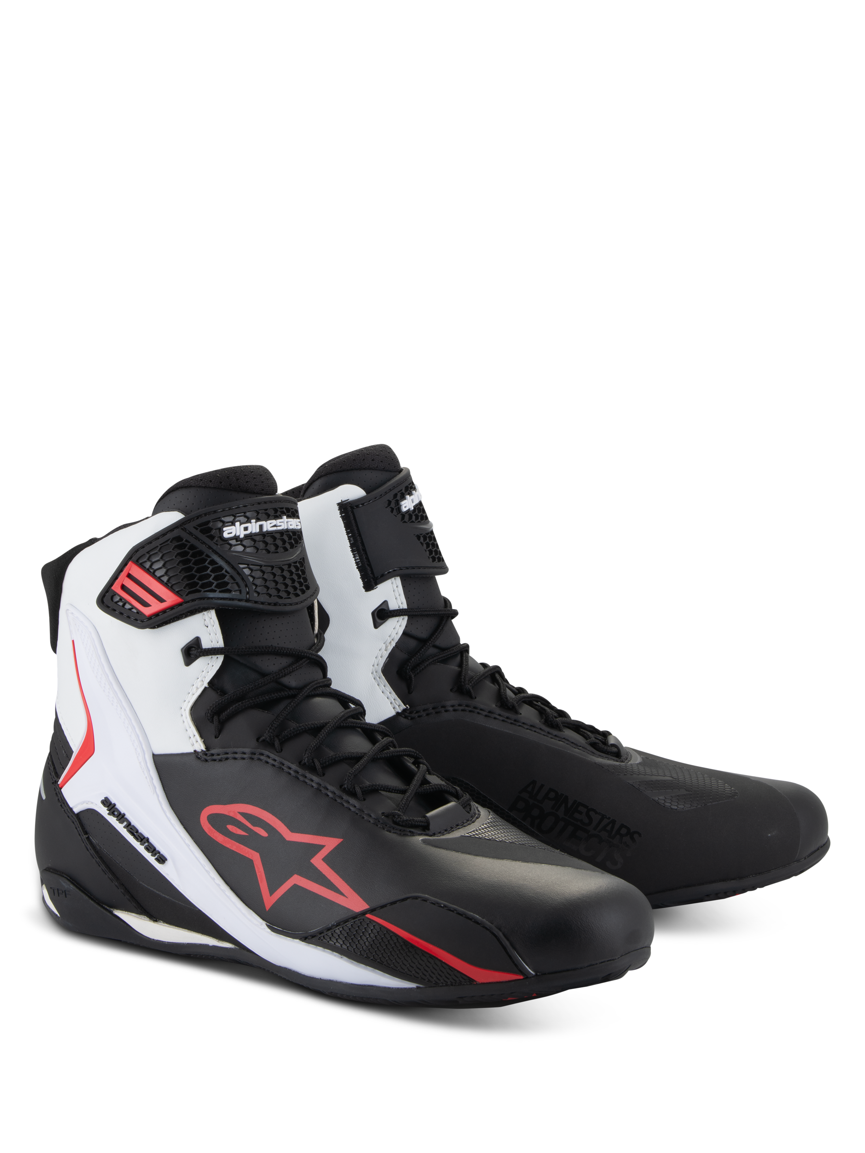 Alpinestars Faster-4 Schuhe, Motorradschuhe, Schwarz, Weiß und Rot, technisches Schuhwerk für die Straße mit fortschrittlichem Mikrofaser-Obermaterial, Schnürverschluss mit Klettverschluss-Knöchelriemen, markantem rotem Alpinestars-Logo und schützenden TPR-Slidern.
