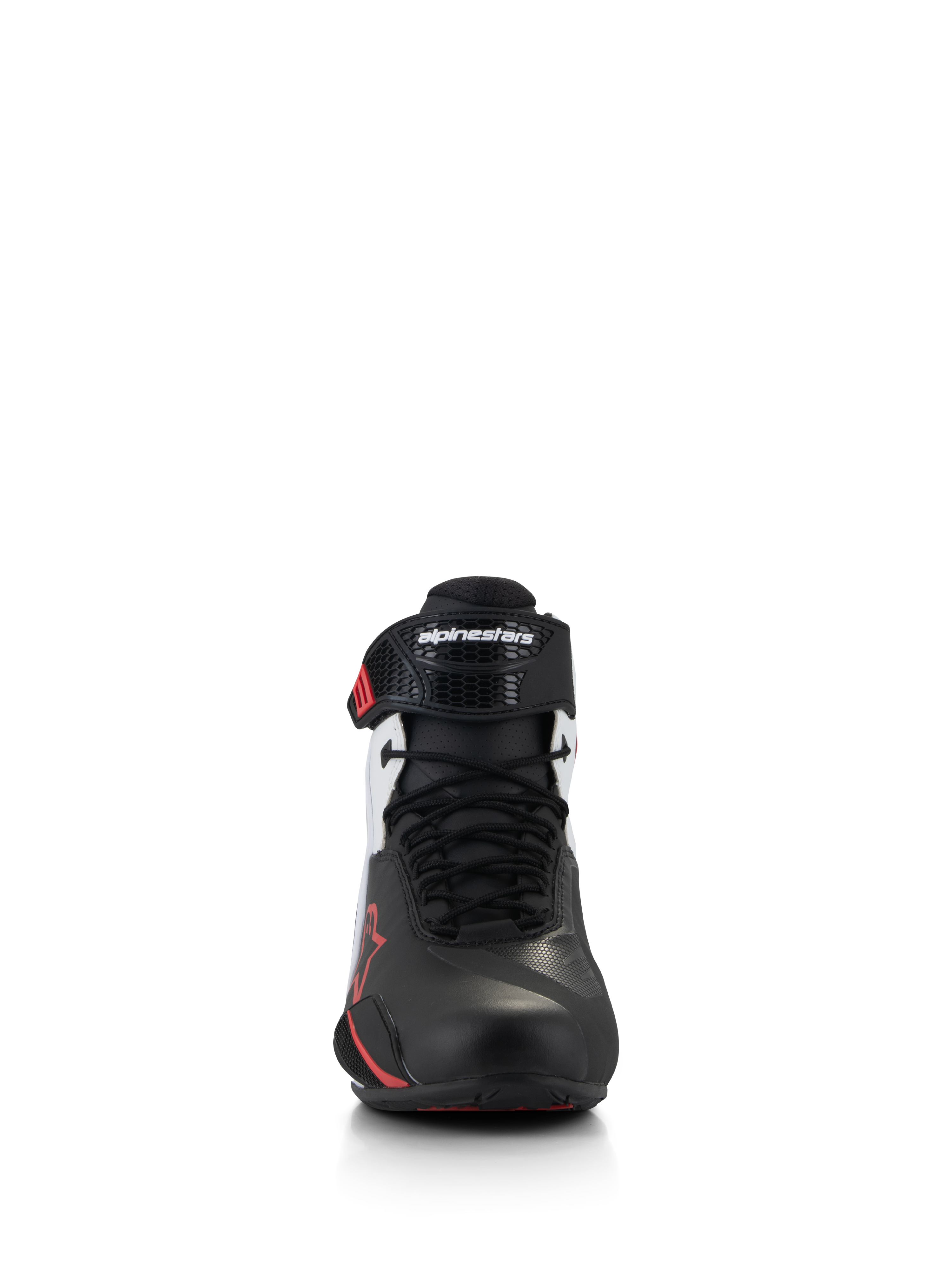 Alpinestars Faster-4 Schuhe, Motorradschuhe, Schwarz, Weiß und Rot, Vorderansicht mit traditionellem Schnürverschluss und ergonomischem TPR-Knöchelriemen mit Alpinestars-Logo, schlankes Mikrofaser-Obermaterial mit roten Akzenten
