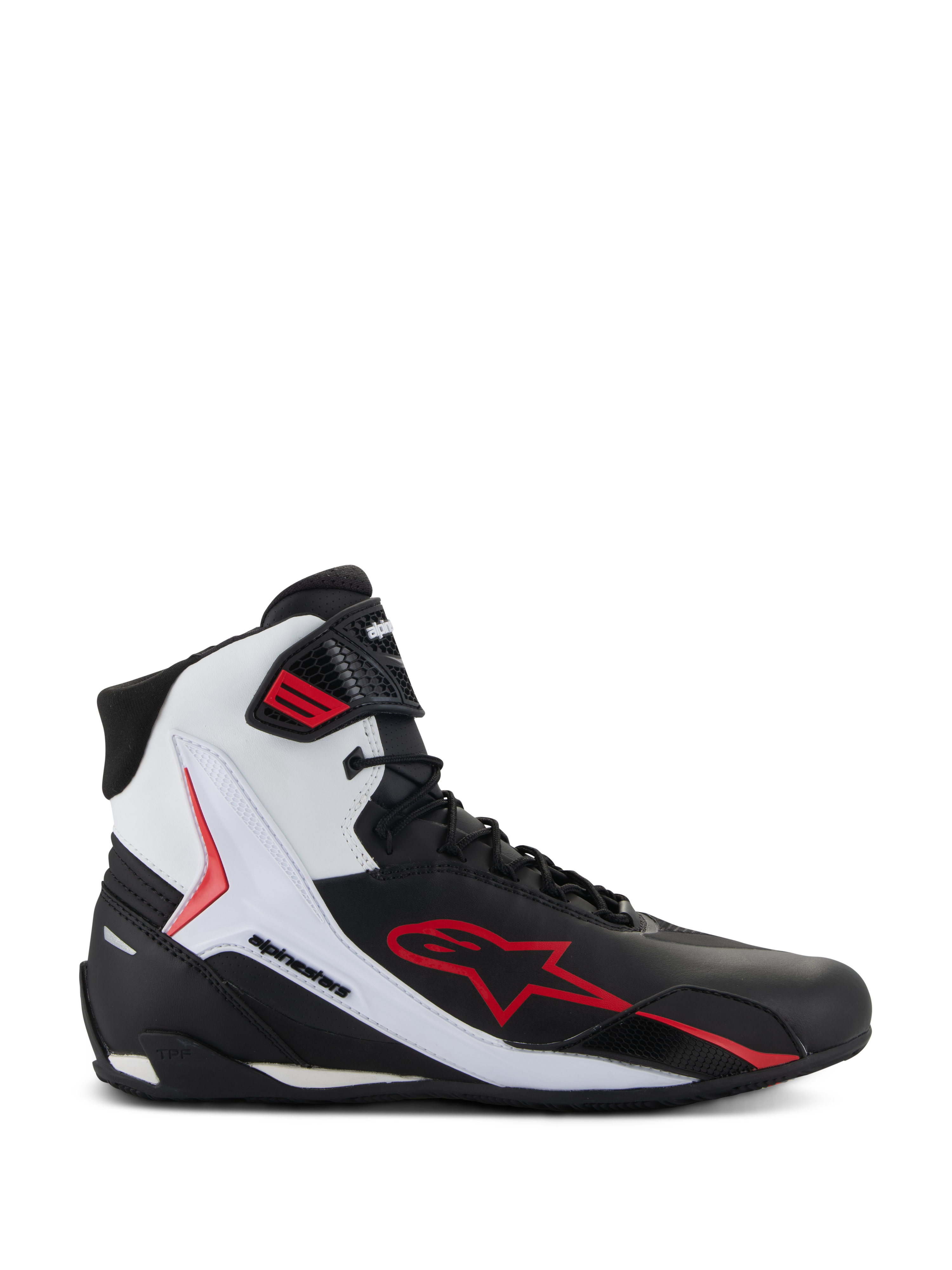 Alpinestars Faster-4 Schuhe, High-Top Motorradschuhe, Schwarz, Weiß und Rot, mit großem rotem Stern-Logo, weißem Seitenpanel mit Alpinestars-Branding und sportlichem Design für Straßenfahrten