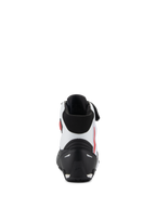 Alpinestars Faster-4 Schuhe, Rückansicht, Schwarz, Weiß und Rot, mit schwarzer TPR-Fersenkappe, weißem Mikrofaser-Obermaterial mit roten Akzenten und schwarzem gepolstertem Kragen, Performance-Motorradschuhe