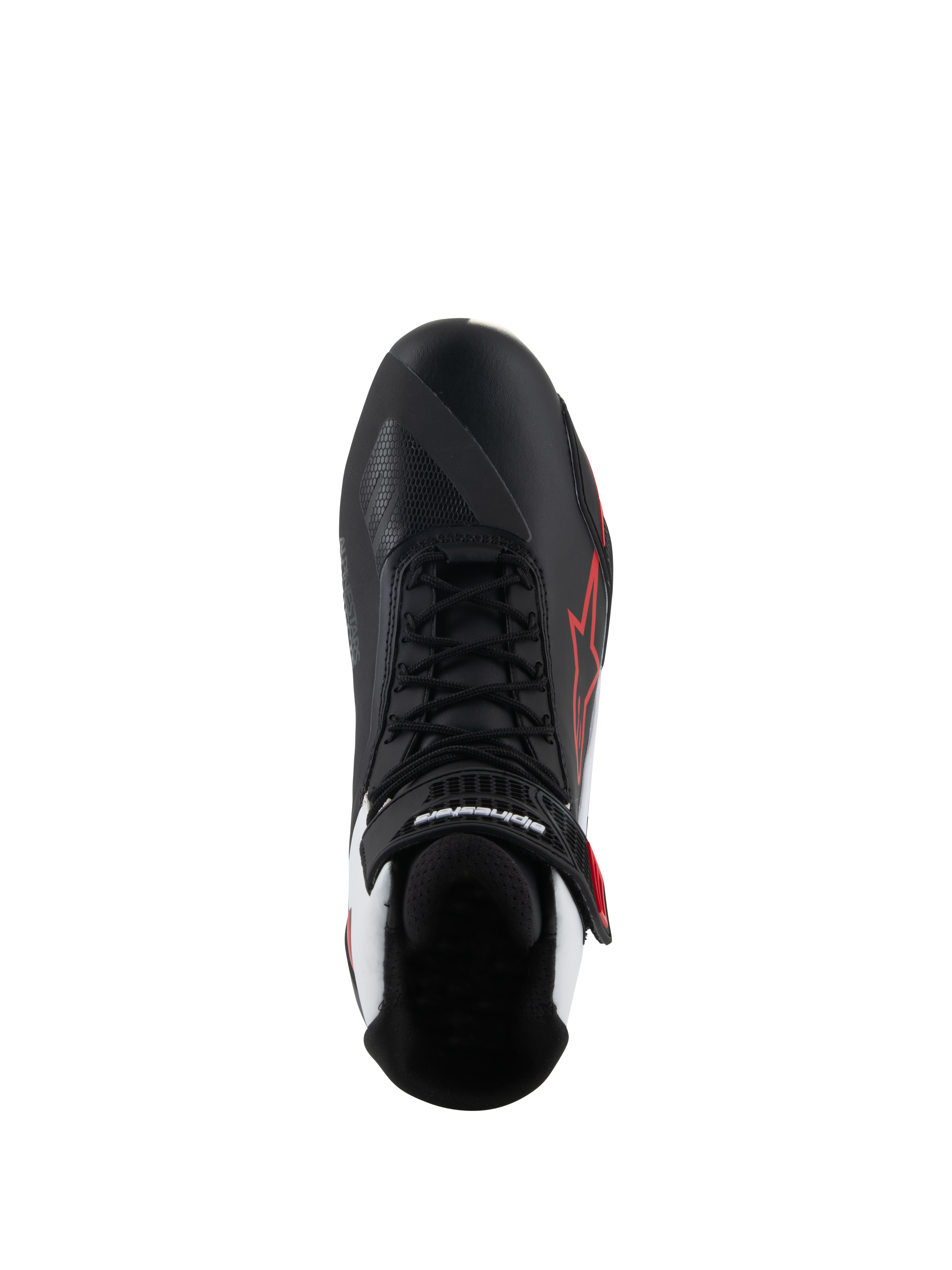 Alpinestars Faster-4 Schuhe, Motorradschuhe, Schwarz Weiß Rot, Draufsicht mit schwarzen Schnürsenkeln und Klettverschluss am Knöchel, rotes Alpinestars Stern-Logo an der Außenseite, weiße Akzente an der Ferse, asymmetrisches Zehendesign zum Schalten.
