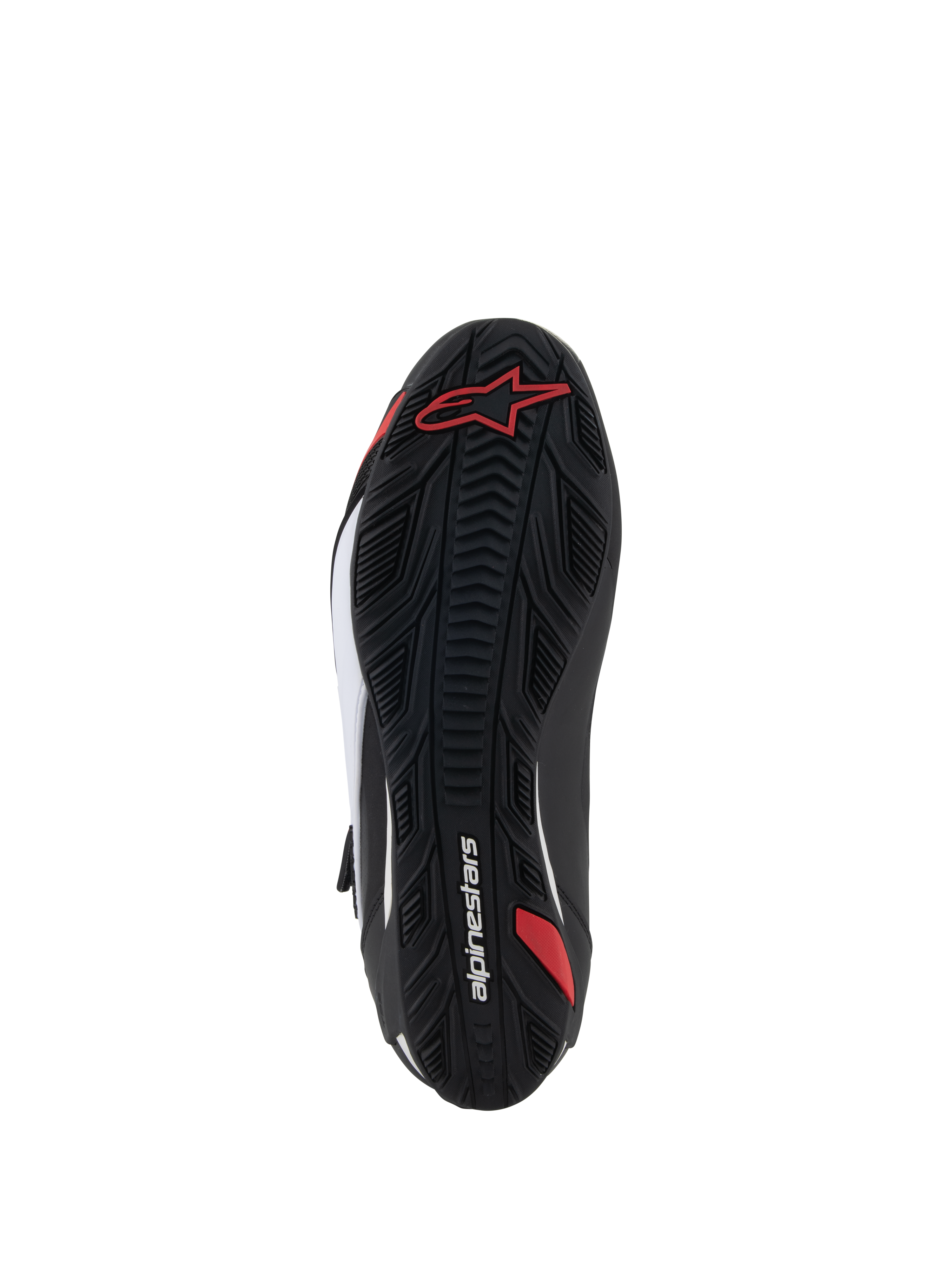 Alpinestars Faster-4 Schuhe, Motorradschuhe, Sohlenansicht, schwarzer Gummi mit strukturiertem Profilmuster, rotes Alpinestars-Logo und weißes Branding, entwickelt für Straßen- und Sportfahrten