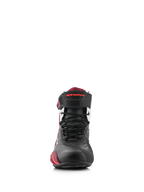 Alpinestars Faster-4 Shoes, Black White Dark Red, front view of motorcycle riding footwear, featuring black microfiber upper with red accents, lace-up closure, and velcro ankle strap with red Alpinestars branding