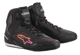 Alpinestars Women Stella Faster-3 Rideknit® Shoes, Black with Yellow and Pink accents, motorcycle riding shoes featuring a breathable knitted upper, secure lace-up closure with a Velcro ankle strap, and protective reinforced panels.