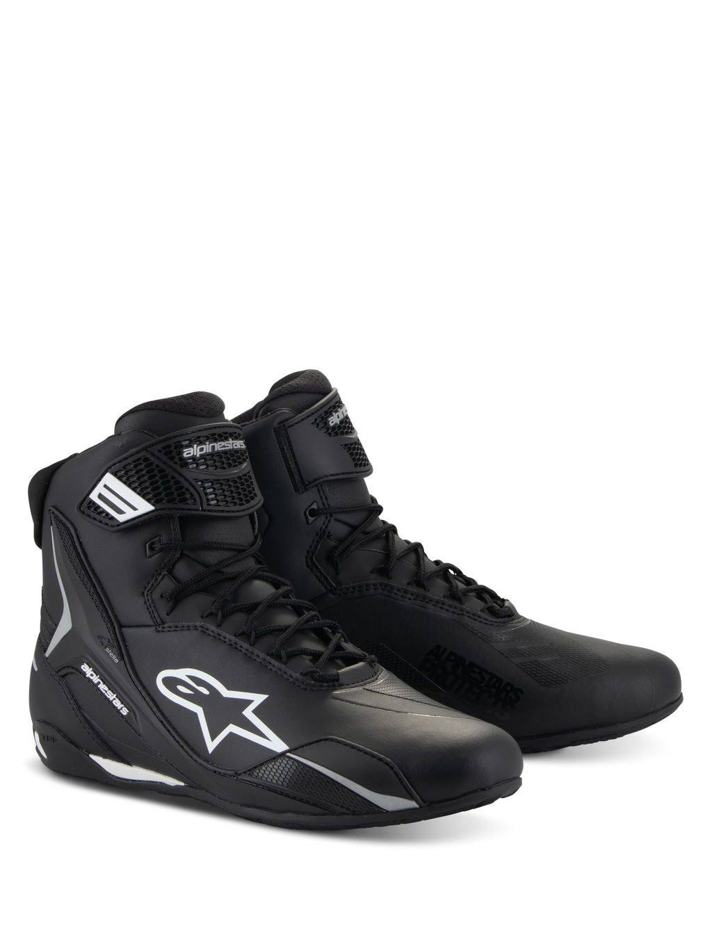 Alpinestars Stella Faster-4 Shoes, Women's Motorcycle Riding Shoes, Black with White accents, high-top sporty design with lace-up closure and hook-and-loop ankle strap, durable microfiber construction with protective side logos