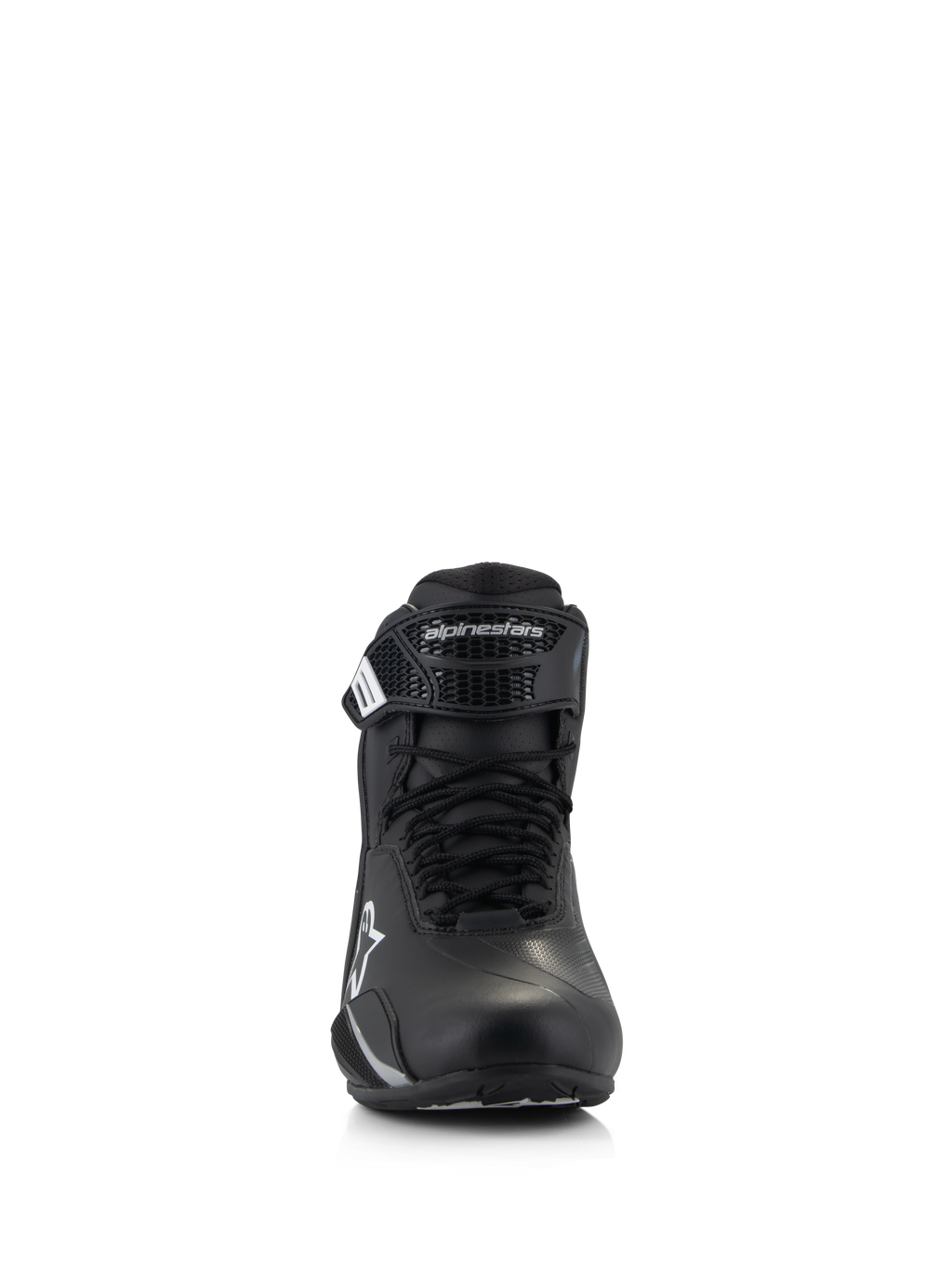 Alpinestars Stella Faster-4 Shoes, Women's Riding Shoes, Black, front view, featuring lace closure and adjustable hook-and-loop strap with Alpinestars logo, technical road riding footwear with lightweight microfiber construction