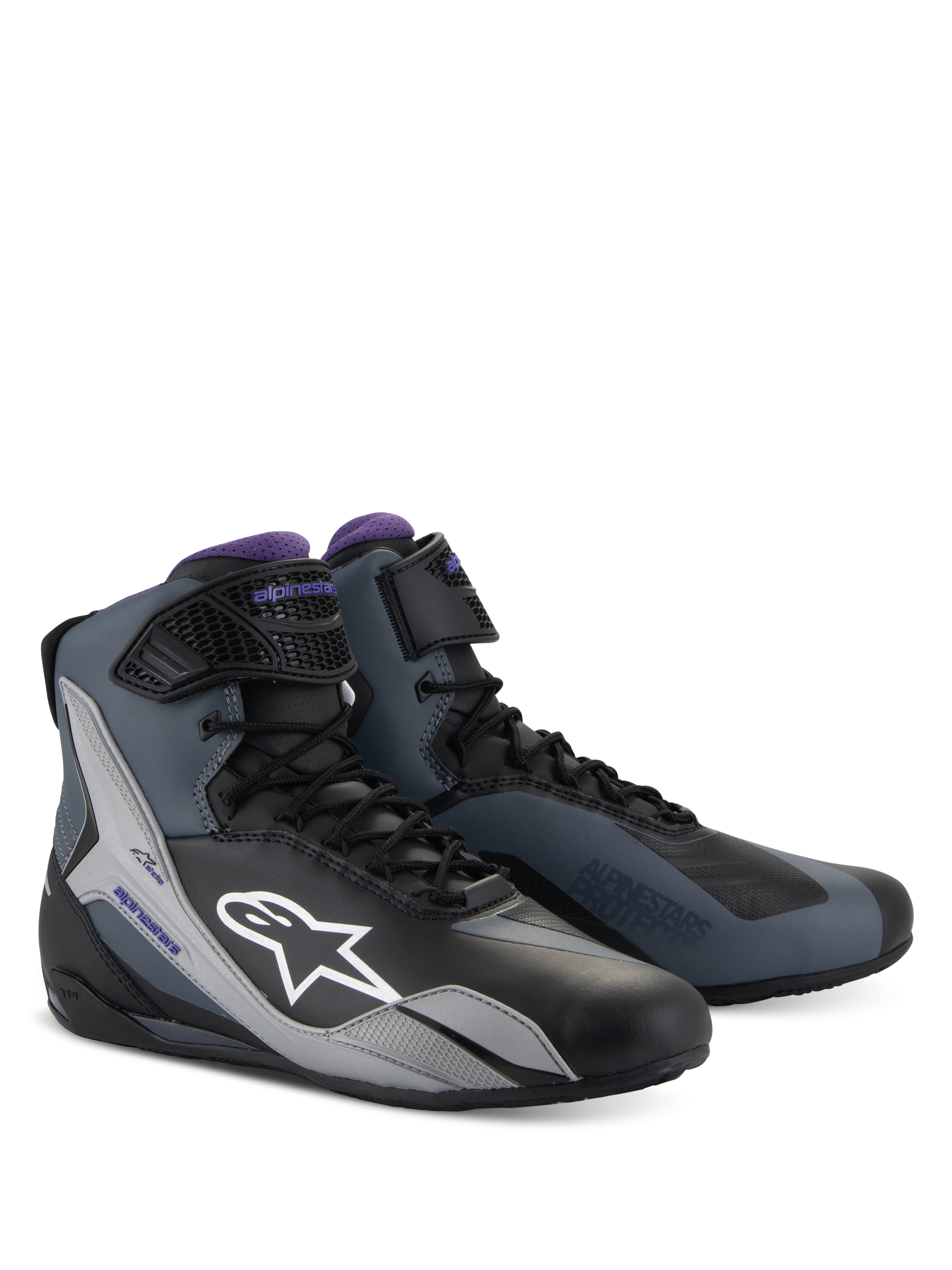 Alpinestars Stella Faster-4 Damen-Motorradschuhe, Schwarz Grau Violett, technisches High-Top-Design mit Schnürsenkeln.