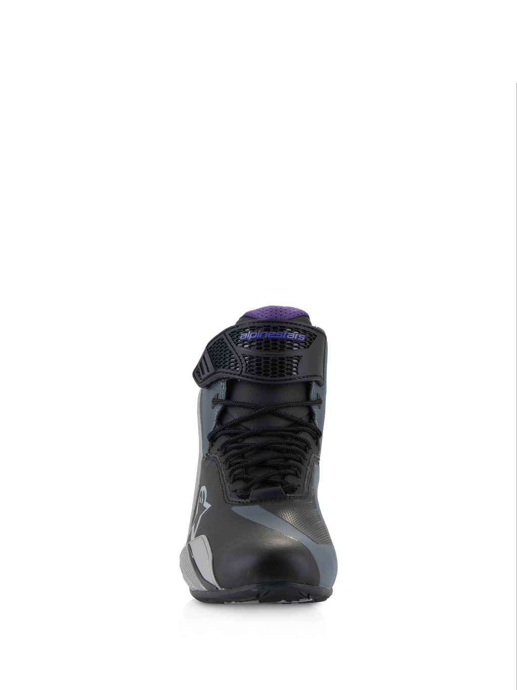 Alpinestars Stella Faster-4 Damen-Motorradschuhe, Schwarz, Grau, Violett, Frontansicht mit Schnürung und verstellbarem Riemen.
