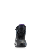 Alpinestars Stella Faster-4 Damen-Motorradschuhe, Schwarz, Grau, Violett, Frontansicht mit Schnürung und verstellbarem Riemen.