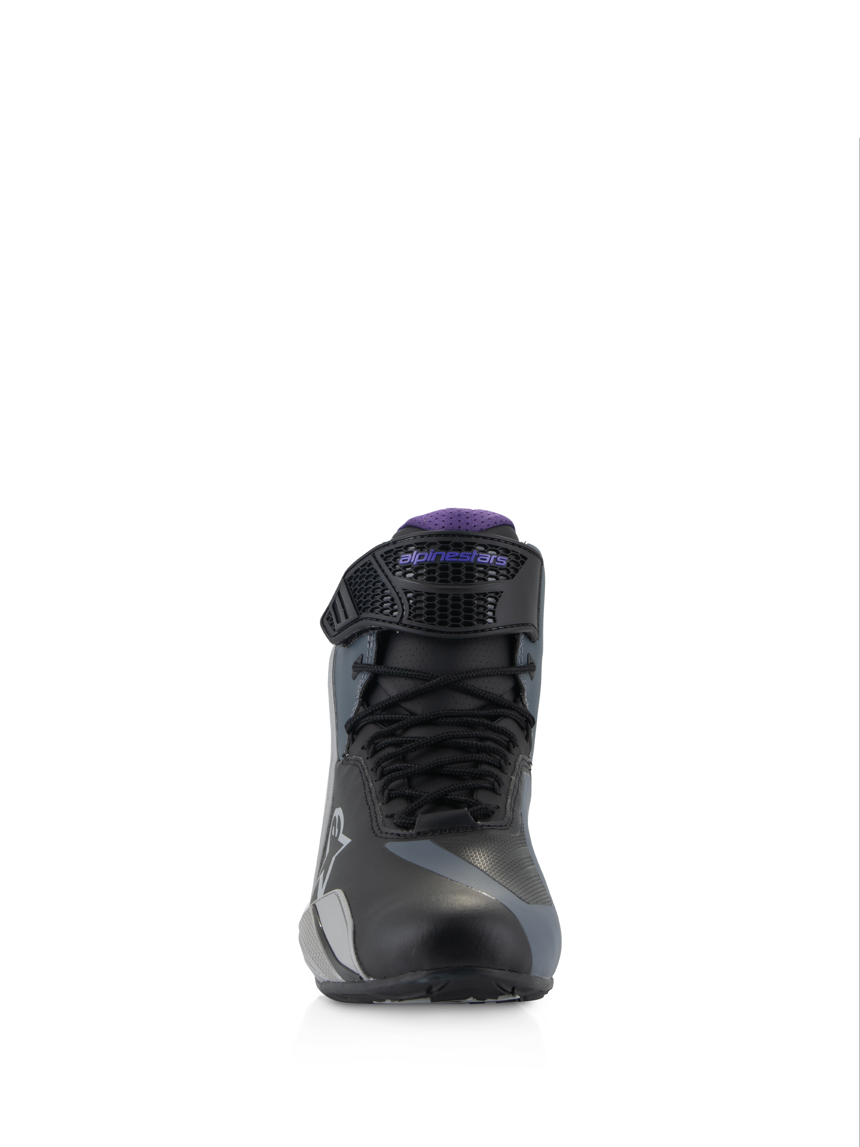 Alpinestars Stella Faster-4 Damen-Motorradschuhe, Schwarz, Grau, Violett, Frontansicht mit Schnürung und verstellbarem Riemen.