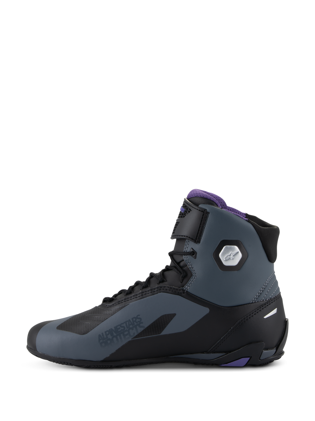 Alpinestars Stella Faster-4 Schuhe, Damen-Motorradschuhe, Schwarz und Grau mit violetten Akzenten, High-Top mit Knöchelschutz.