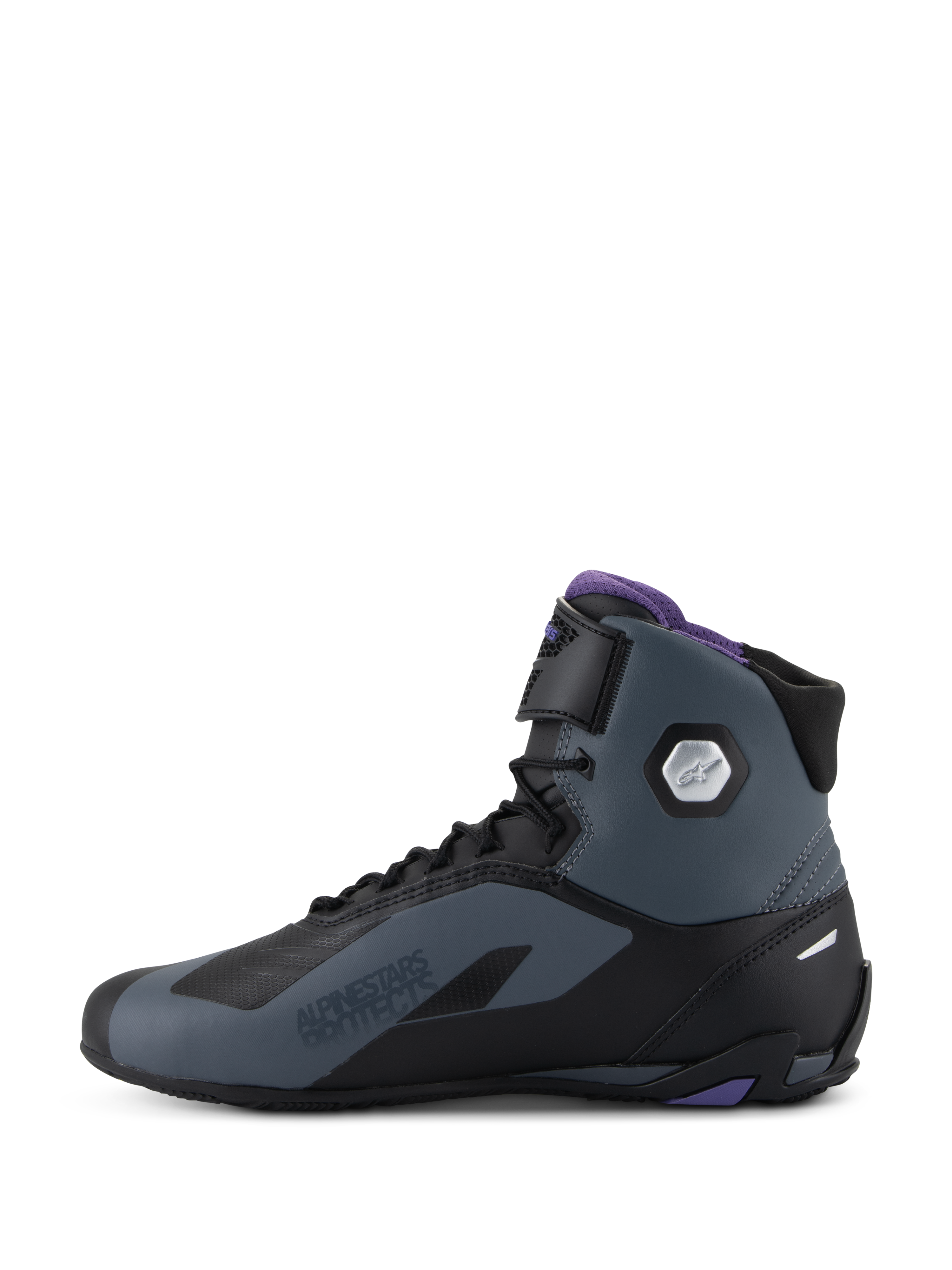 Alpinestars Stella Faster-4 Schuhe, Damen-Motorradschuhe, Schwarz und Grau mit violetten Akzenten, High-Top mit Knöchelschutz.