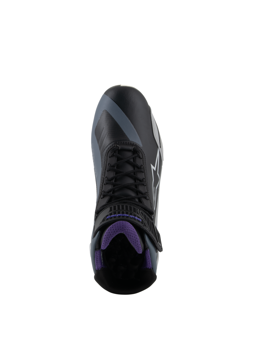 Alpinestars Stella Faster-4 Motorradschuhe für Damen, Schwarz-Violett, Draufsicht mit Schnürsenkeln und Mesh-Innenfutter.