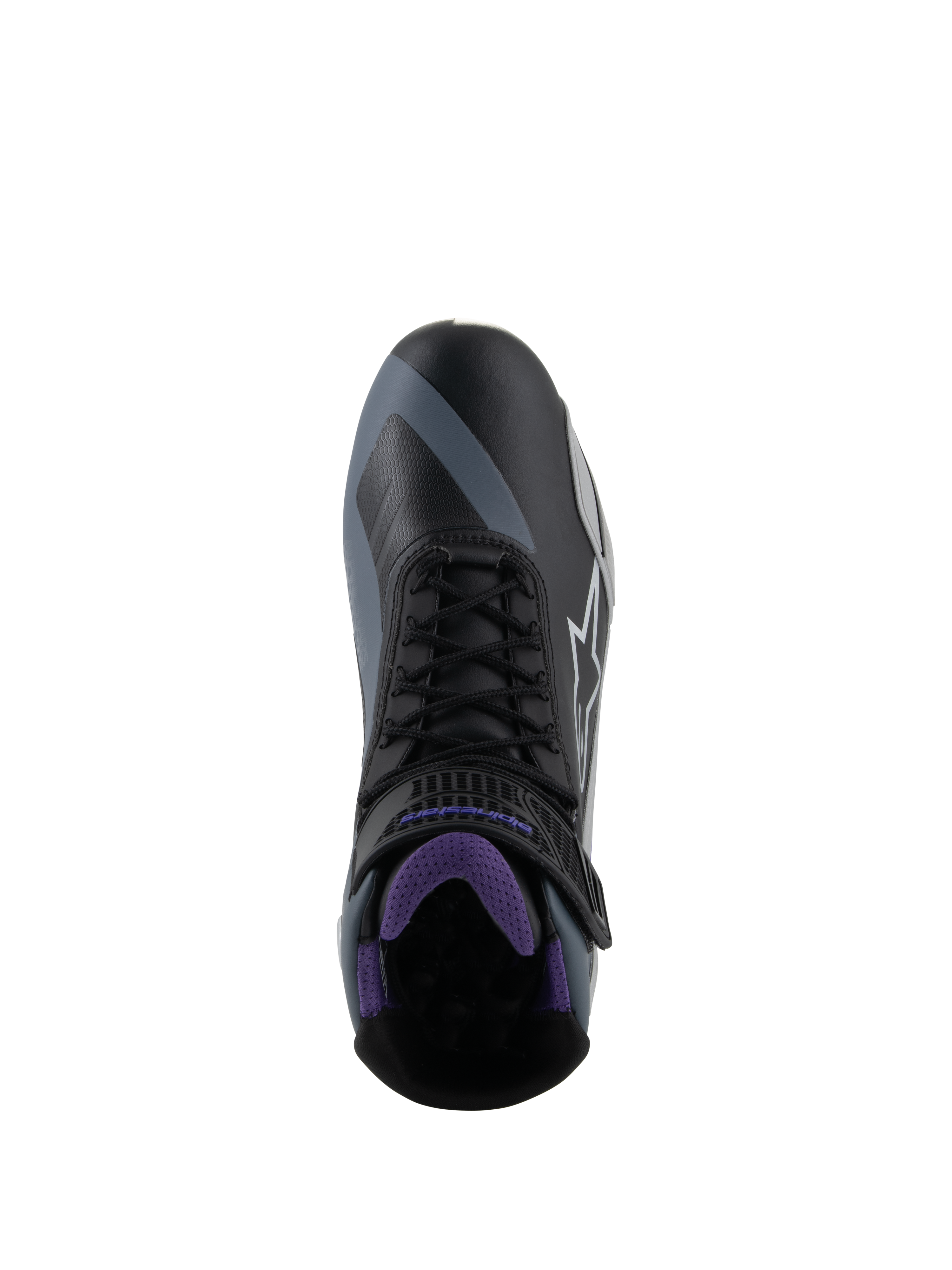 Alpinestars Stella Faster-4 Motorradschuhe für Damen, Schwarz-Violett, Draufsicht mit Schnürsenkeln und Mesh-Innenfutter.