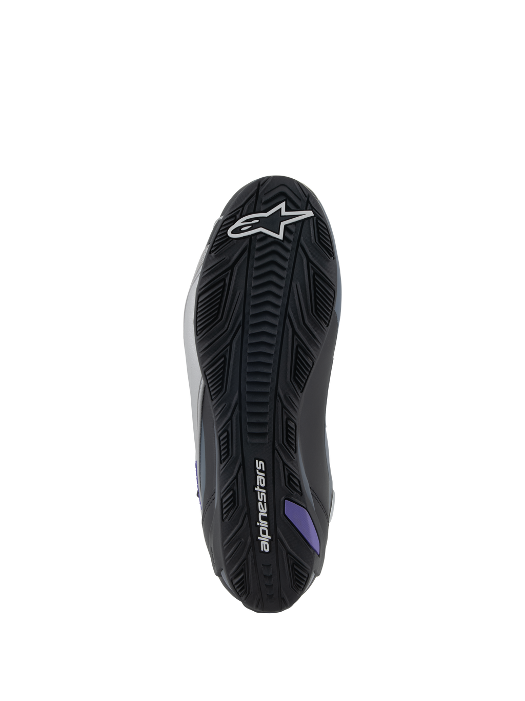 Alpinestars Stella Faster-4 Damen-Motorradschuhe, Sohlenansicht, Schwarz, Grau und Violett, strukturierte Gummisohle.