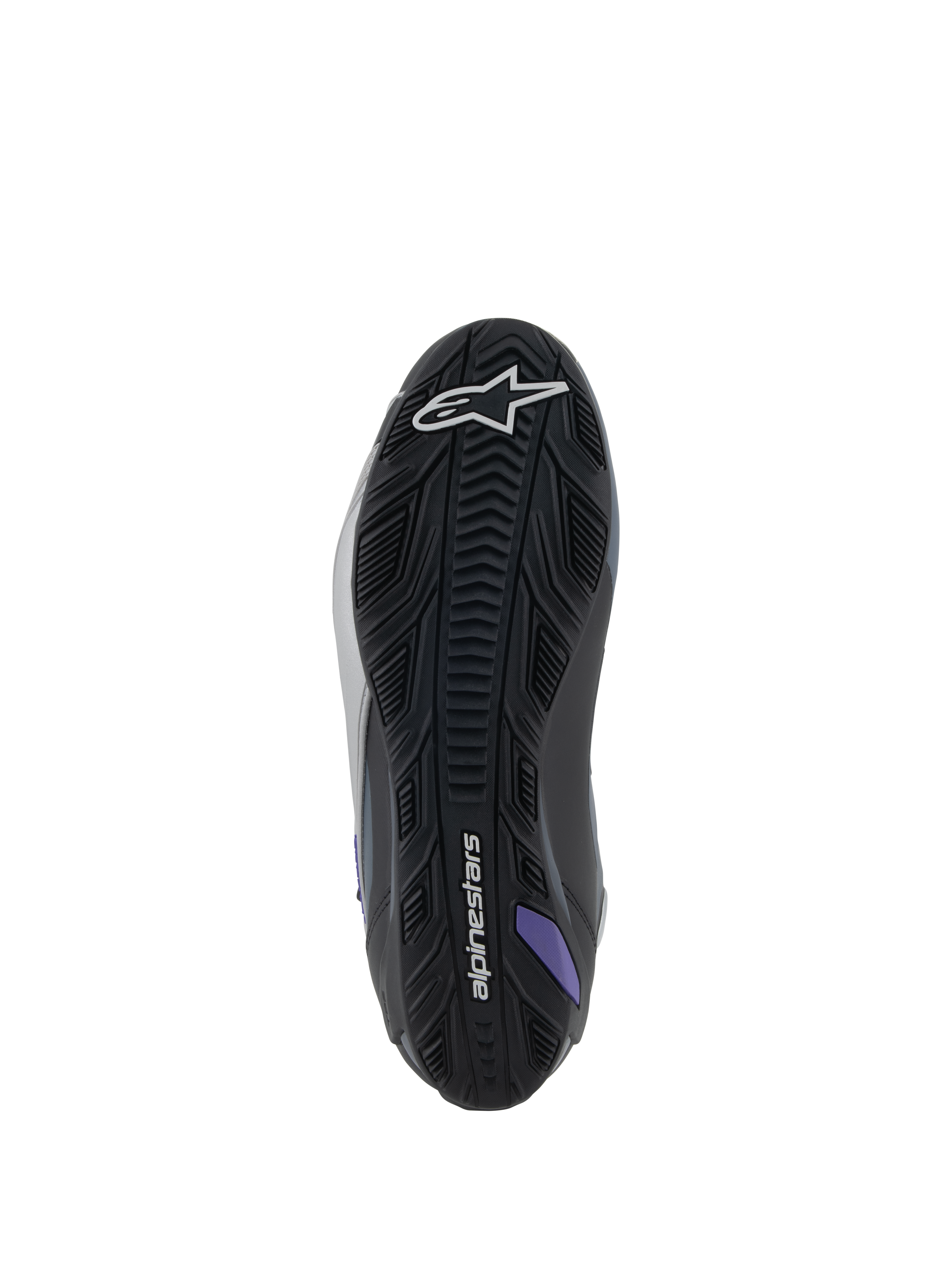Alpinestars Stella Faster-4 Damen-Motorradschuhe, Sohlenansicht, Schwarz, Grau und Violett, strukturierte Gummisohle.