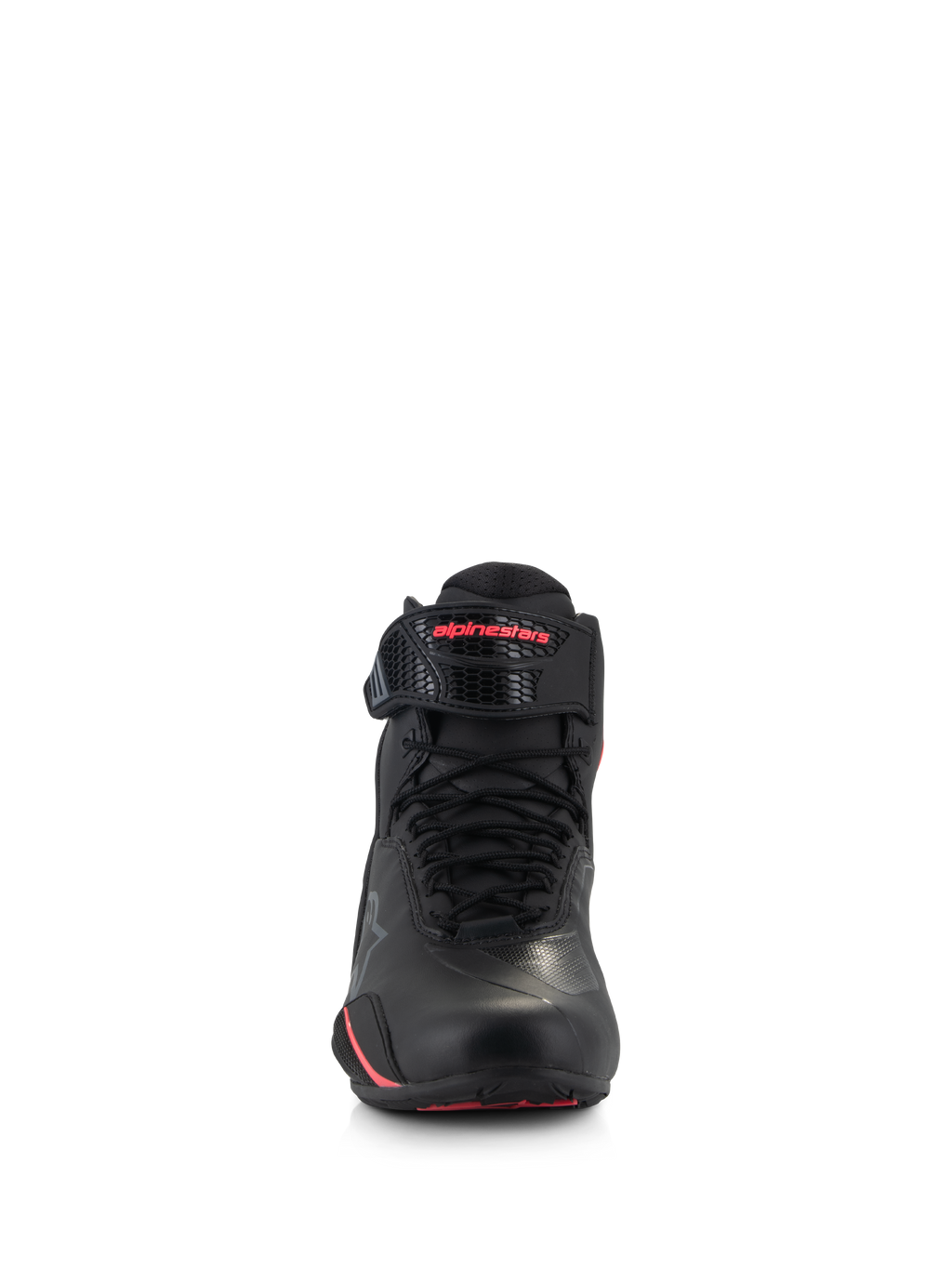 Alpinestars Stella Faster-4 Damenschuhe, Motorrad-Fahrschuhe für Damen, Schwarz und Diva Pink, Frontansicht mit schwarzen Schnürsenkeln, verstellbarem Knöchelriemen mit pinkfarbenem Logo und eleganter Mikrofaser-Konstruktion