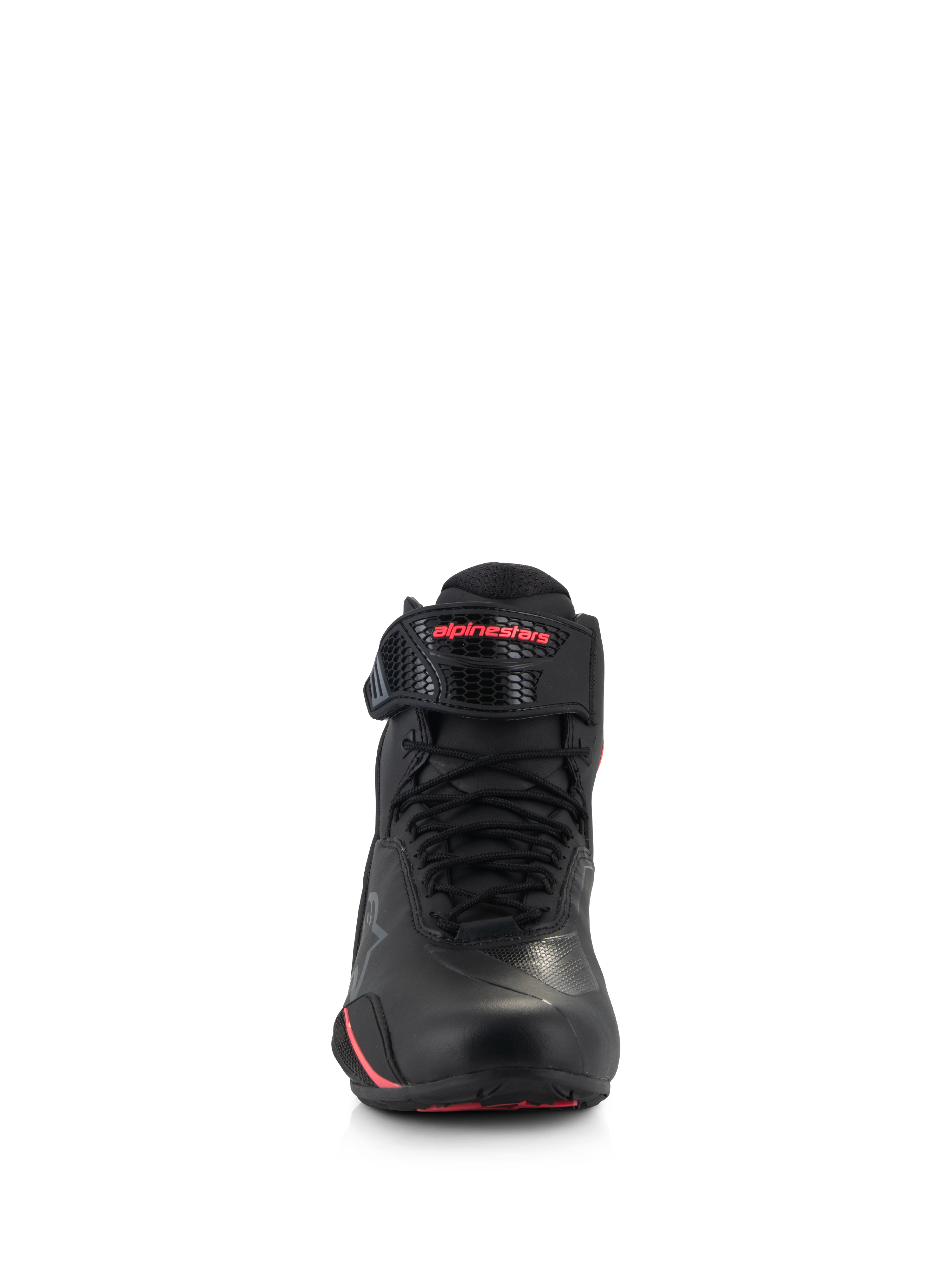 Alpinestars Stella Faster-4 Damenschuhe, Motorrad-Fahrschuhe für Damen, Schwarz und Diva Pink, Frontansicht mit schwarzen Schnürsenkeln, verstellbarem Knöchelriemen mit pinkfarbenem Logo und eleganter Mikrofaser-Konstruktion