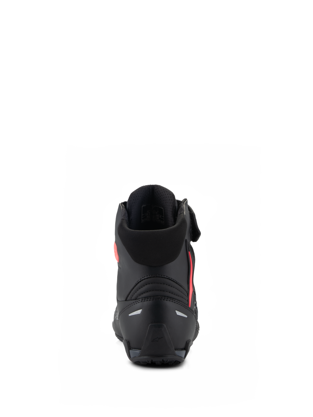 Alpinestars Stella Faster-4 Damenschuhe, Schwarz und Diva Pink, Rückansicht mit Fokus auf die verstärkte Fersenkappe, den weichen Textilkragen und das ergonomische Design für Performance-Motorradfahrten.