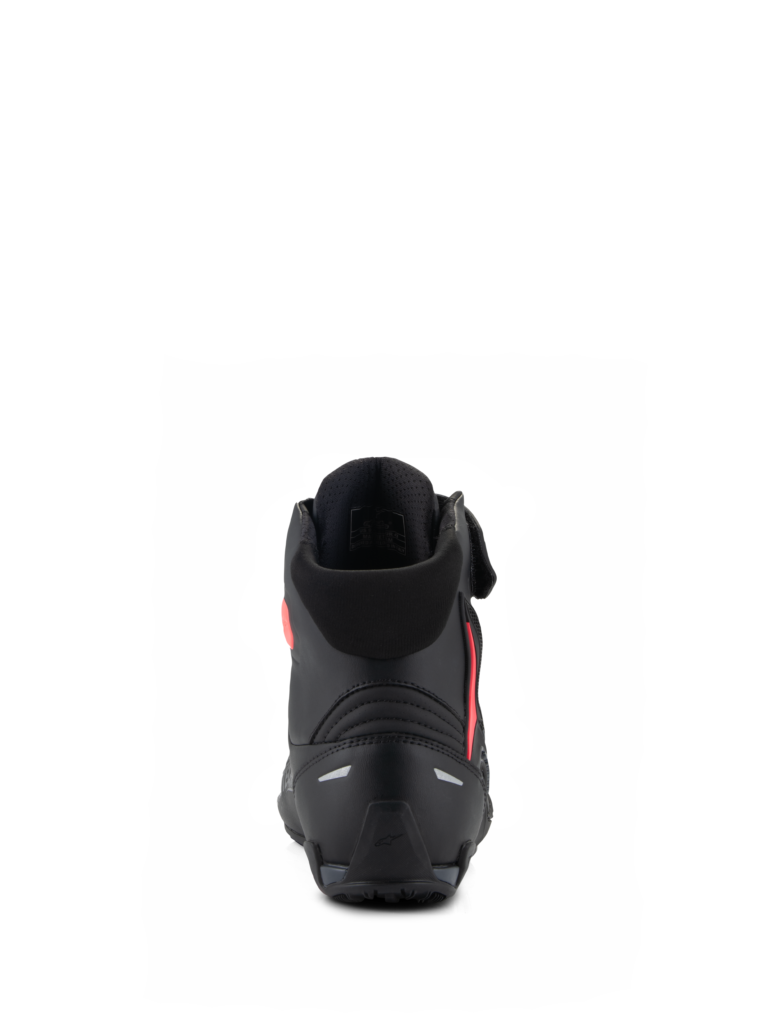 Alpinestars Stella Faster-4 Damenschuhe, Schwarz und Diva Pink, Rückansicht mit Fokus auf die verstärkte Fersenkappe, den weichen Textilkragen und das ergonomische Design für Performance-Motorradfahrten.