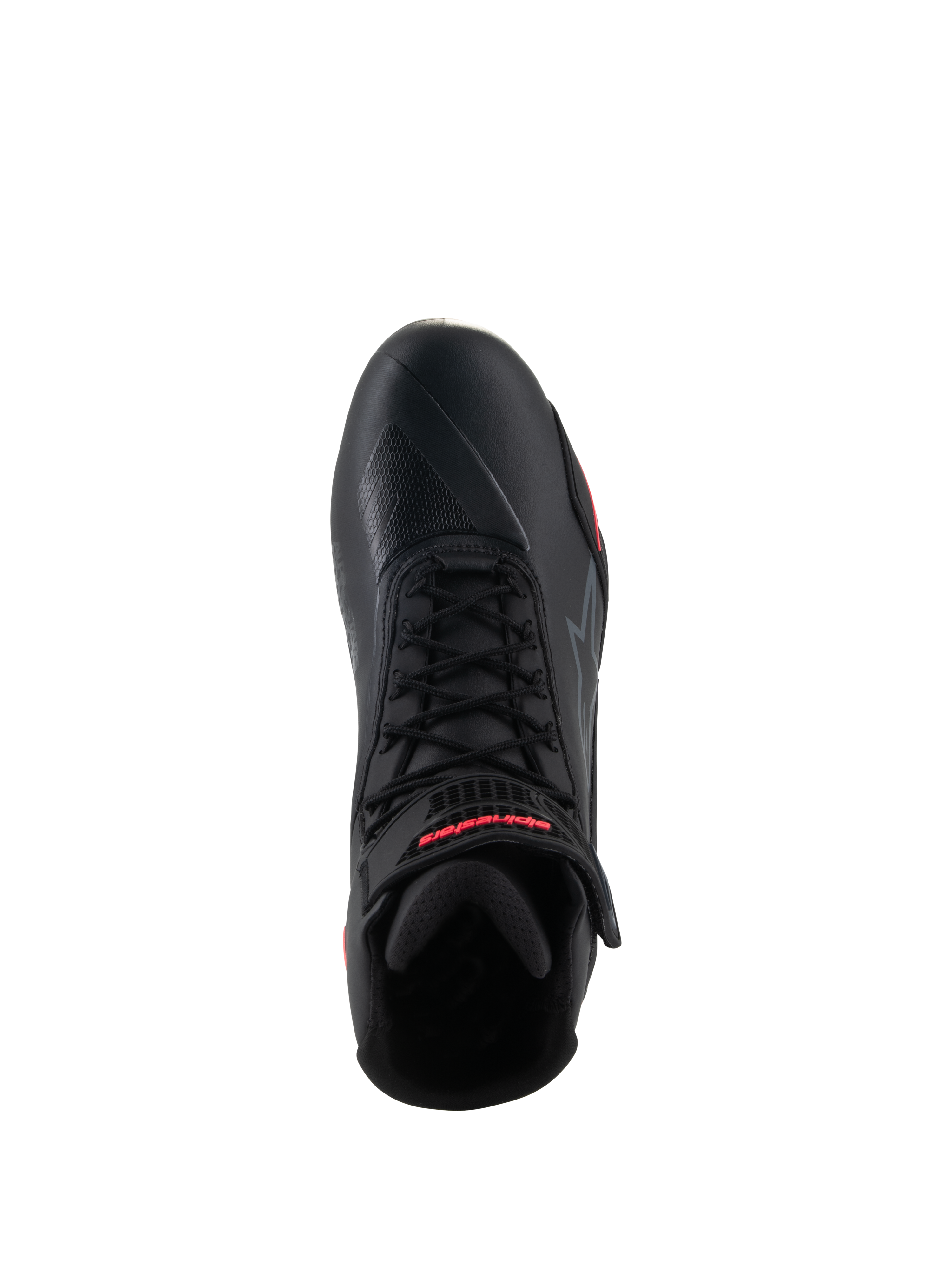 Alpinestars Stella Faster-4 Schuhe für Damen, Schwarz und Diva Pink, Draufsicht eines einzelnen Motorradschuhs, schwarze Schnürsenkel, Knöchelriemen mit rotem Branding, geschmeidiges Mikrofaser-Obermaterial