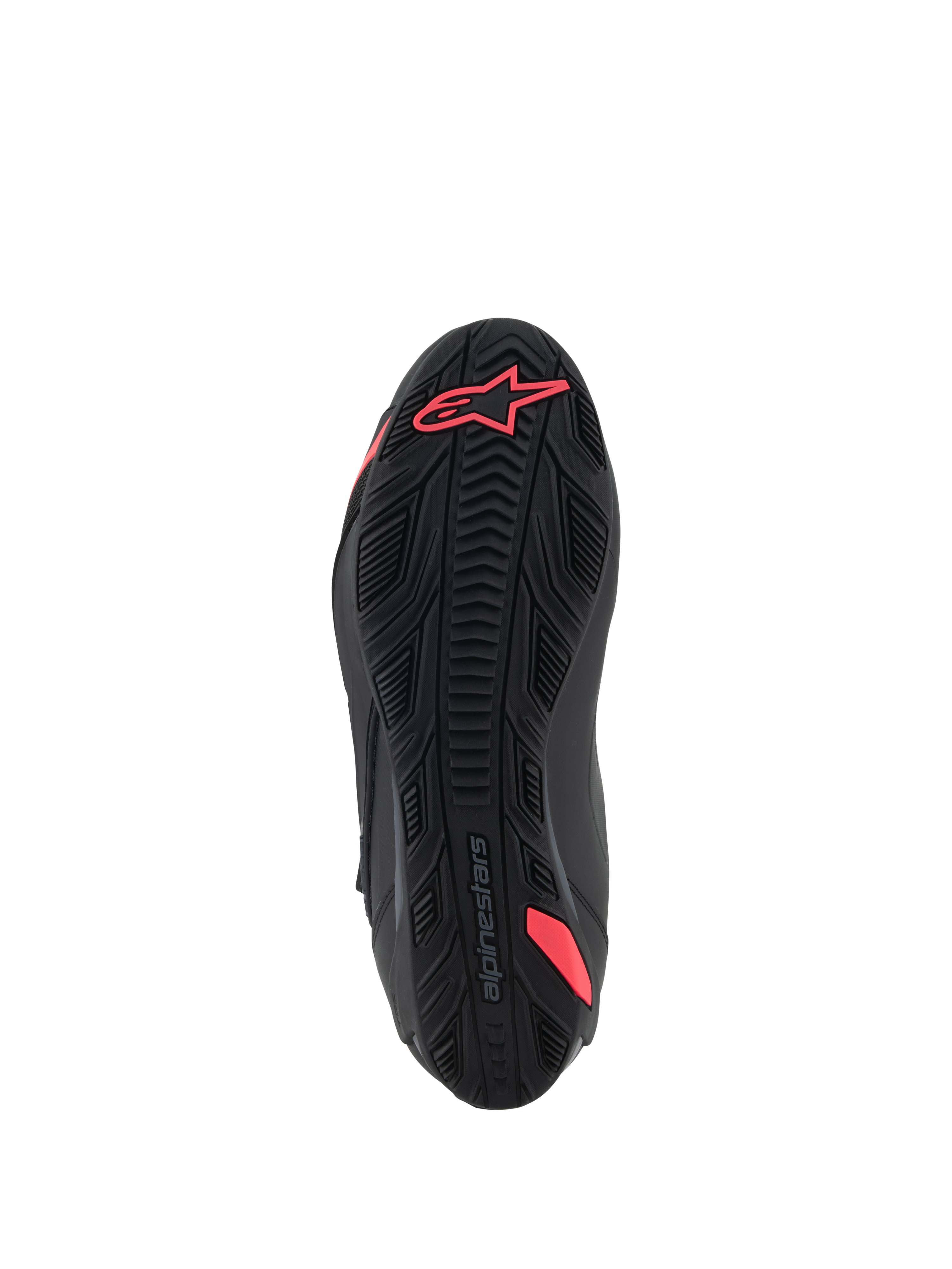 Alpinestars Stella Faster-4 Schuhe, Sohlenansicht von unten, Schwarz und Diva Pink, mit strukturiertem Gummiprofil, Alpinestars-Logo an der Ferse, integrierte Verstärkung für Halt, strapazierfähige Außensohle für das Motorradfahren