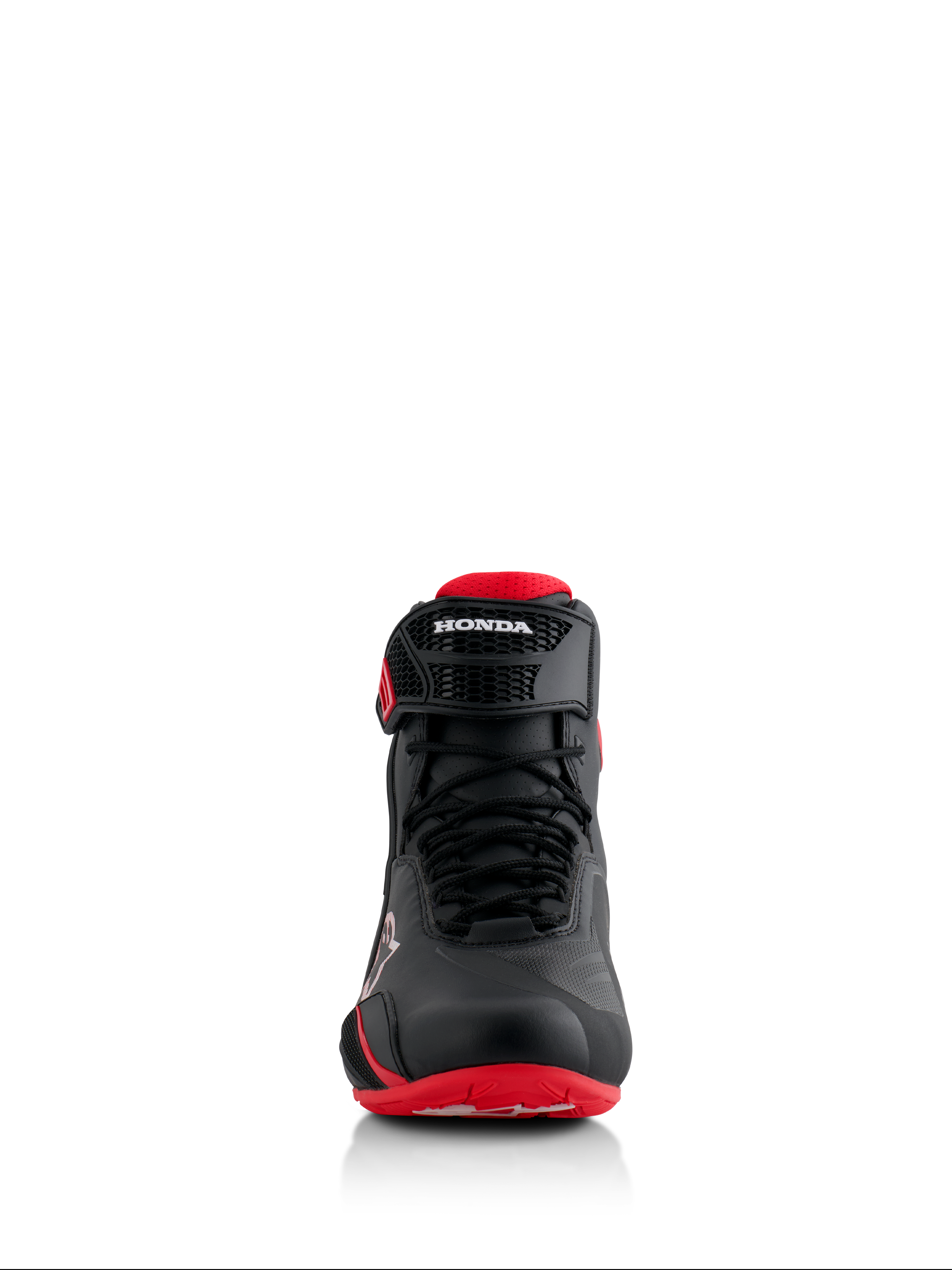 Alpinestars Honda Faster-4 Shoes, Black and Red, Front view, featuring seamless microfiber construction, lace closure, and adjustable ankle strap with Honda branding