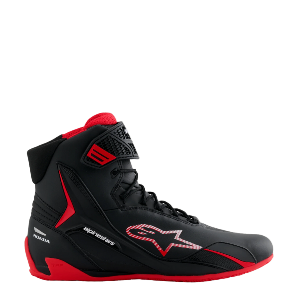 Alpinestars Honda Faster-4 Shoes, Black and Red High-Top Riding Shoe, sleek microfiber design with striped star logo, red sole and padded interior, Honda branding on the heel, performance motorsport footwear