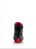 Alpinestars Honda Faster-4 Shoes, motorcycle riding shoes, Black and Red, rear view showing white Honda branding and red TPU heel counter, padded collar with red mesh lining, reflective accents for safety