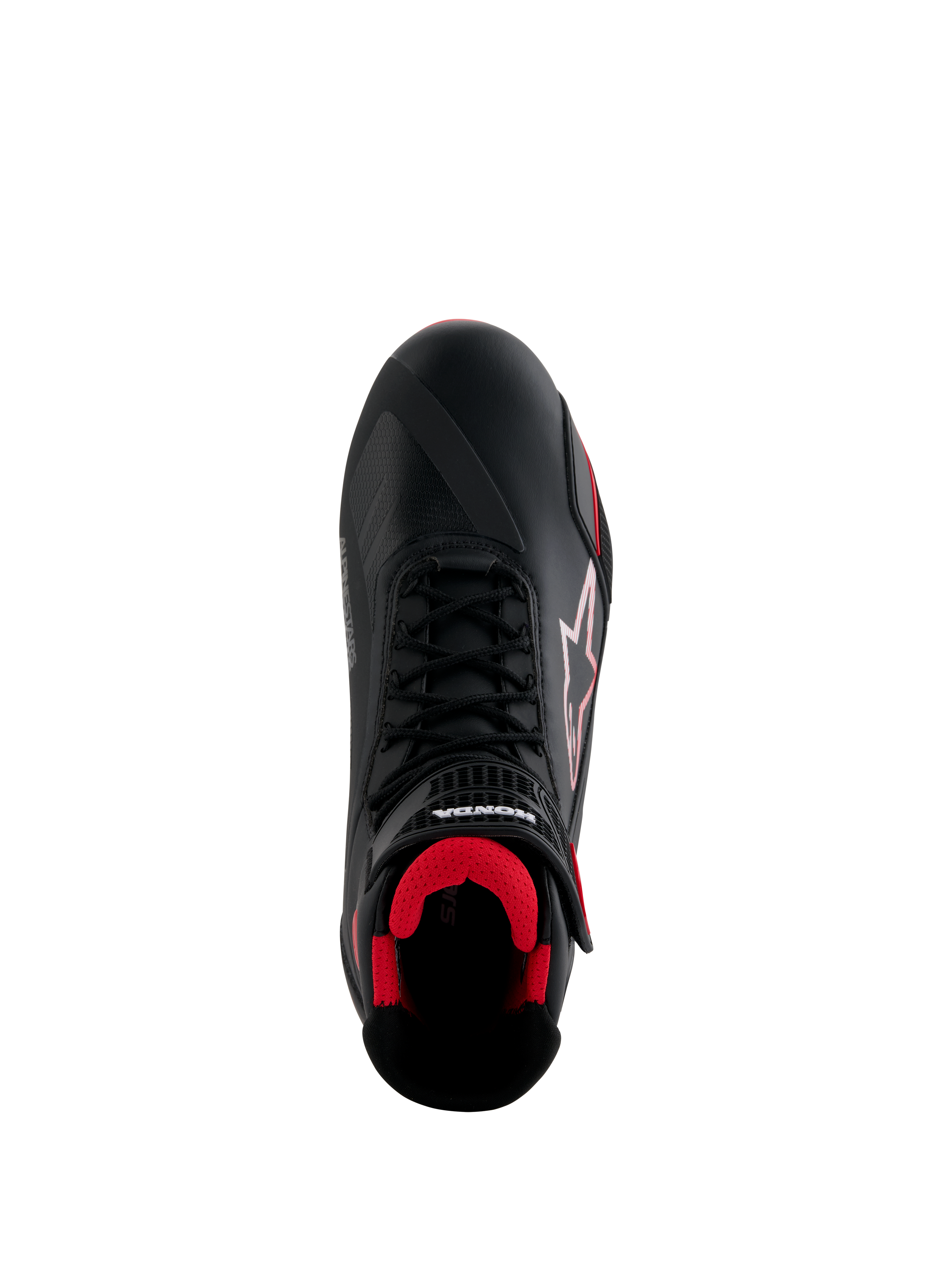 Alpinestars Honda Faster-4 Shoes, Motorcycle Riding Shoes, Black and Red, top-down view featuring black microfiber upper, red mesh interior, traditional black laces, and Alpinestars and Honda branding