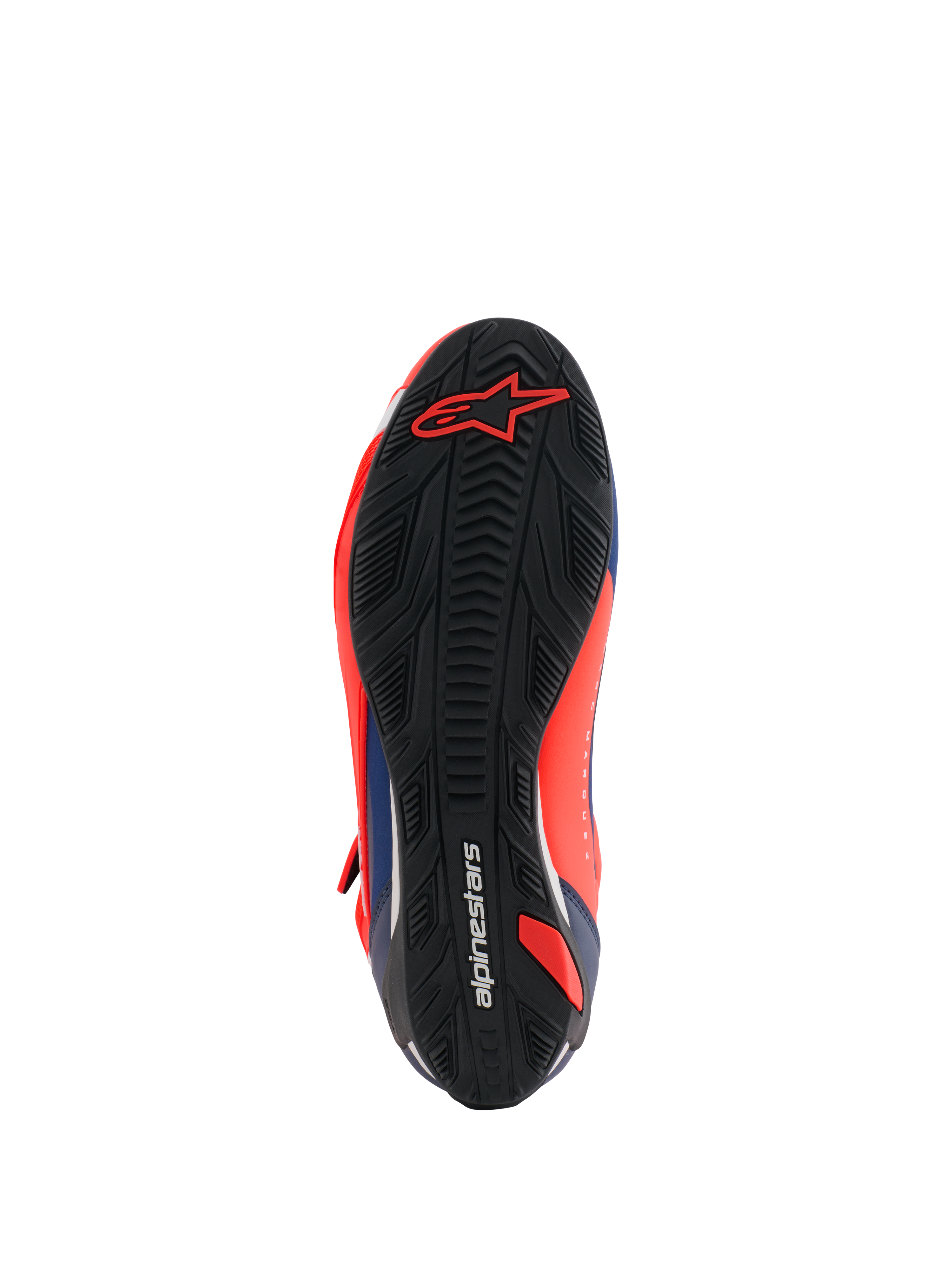 Alpinestars MM93 Faster-4 Shoes, Motorcycle Riding Shoes, Red Fluo and Dark Blue, bottom view showing the black textured rubber sole with a red Alpinestars logo at the toe and integrated grip patterns.