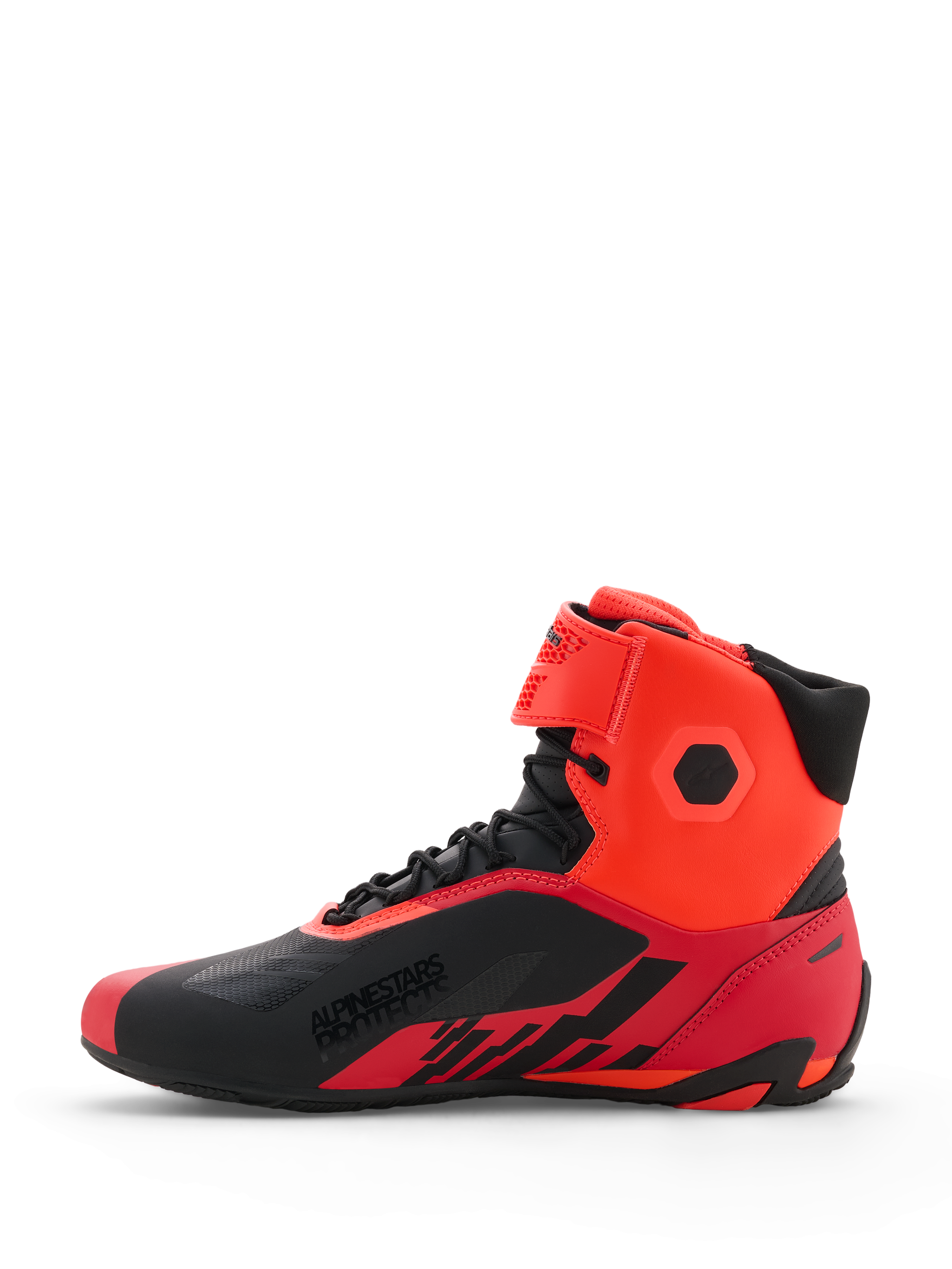 Alpinestars MM93 Faster-4 Schuhe, Motorradschuhe, Rot Fluo und Schwarz, Seitenprofilansicht zeigt technische Mikrofaser-Konstruktion, Schnürverschluss mit Klettverschluss-Knöchelriemen, 'ALPINESTARS PROTECTS' Branding an der Seite, sportlich inspiriertes Design für den Straßeneinsatz