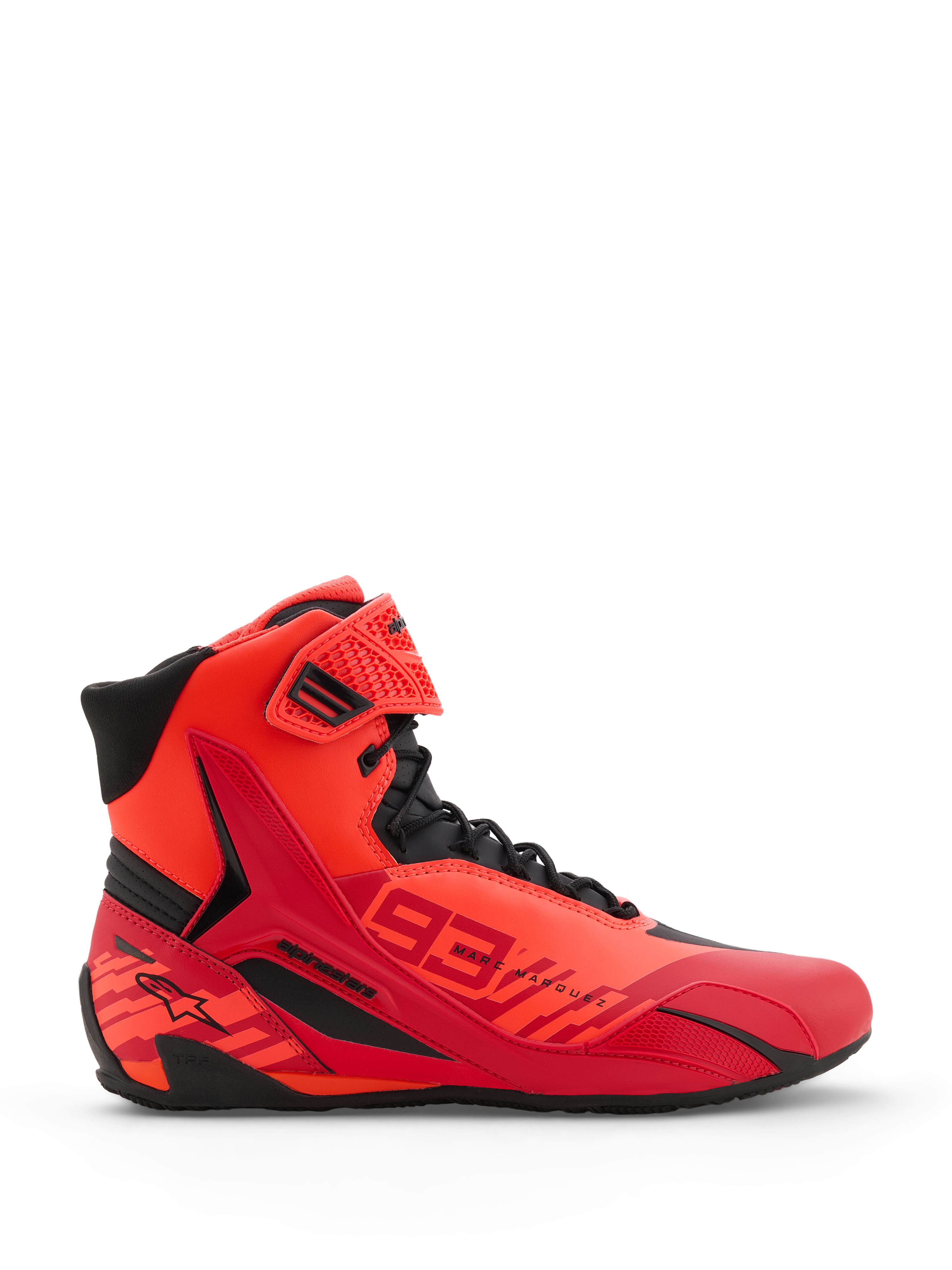 Alpinestars MM93 Faster-4 Schuhe, Motorradschuhe, Rot Fluo, Hellrot und Schwarz, Seitenansicht, mit markantem 93 Marc Marquez Branding, Schnürverschluss mit Klettverschluss am Knöchel und schützenden TPR-Details.