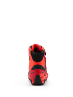 Alpinestars MM93 Faster-4 Schuhe, Motorradschuhe, Red Fluo Bright Red und Schwarz, Rückansicht mit TPR-Fersenkappe und schwarzem Textilkragen, ergonomisches Design mit vom Rennsport inspirierten Akzenten