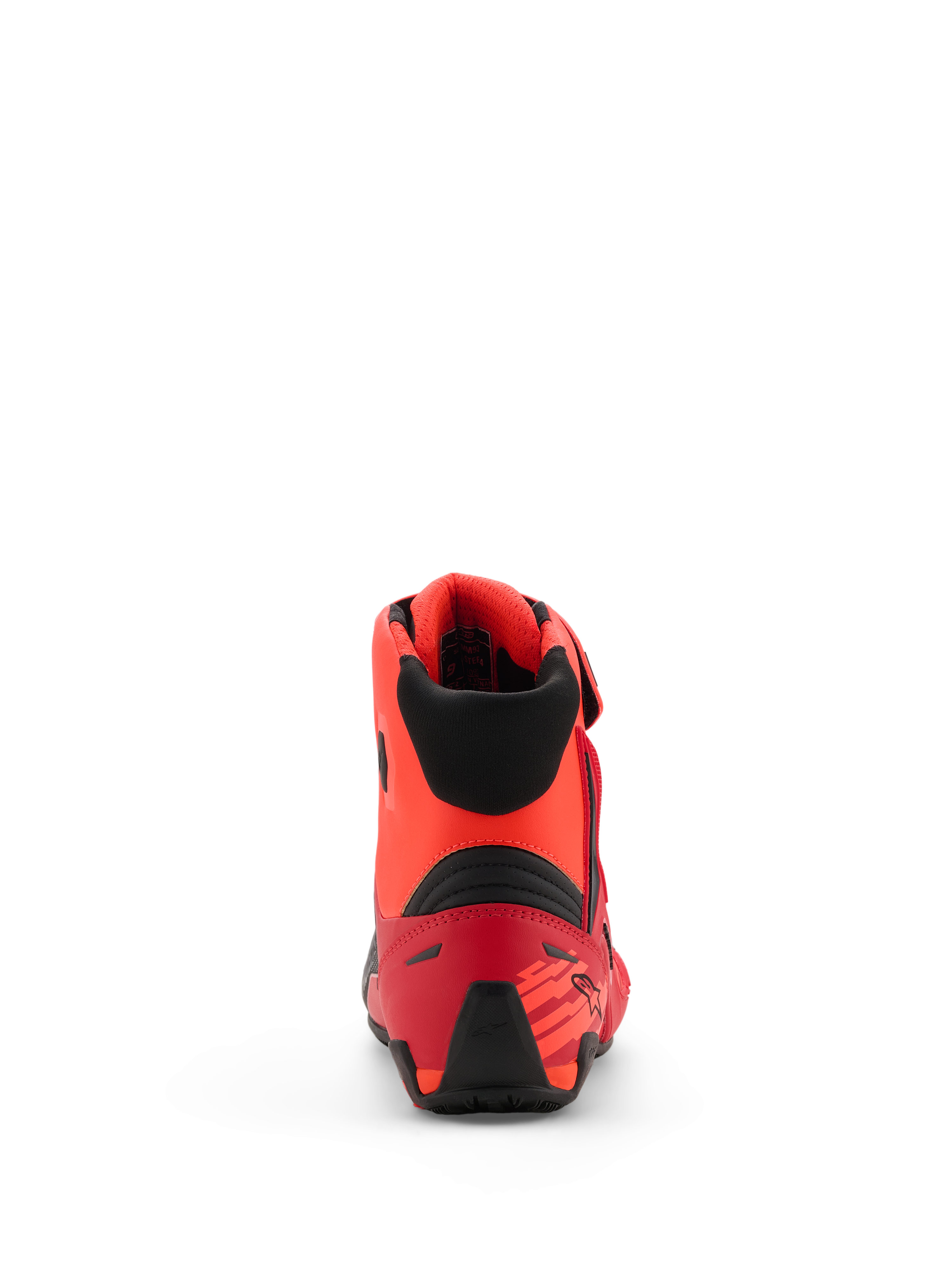 Alpinestars MM93 Faster-4 Schuhe, Motorradschuhe, Red Fluo Bright Red und Schwarz, Rückansicht mit TPR-Fersenkappe und schwarzem Textilkragen, ergonomisches Design mit vom Rennsport inspirierten Akzenten