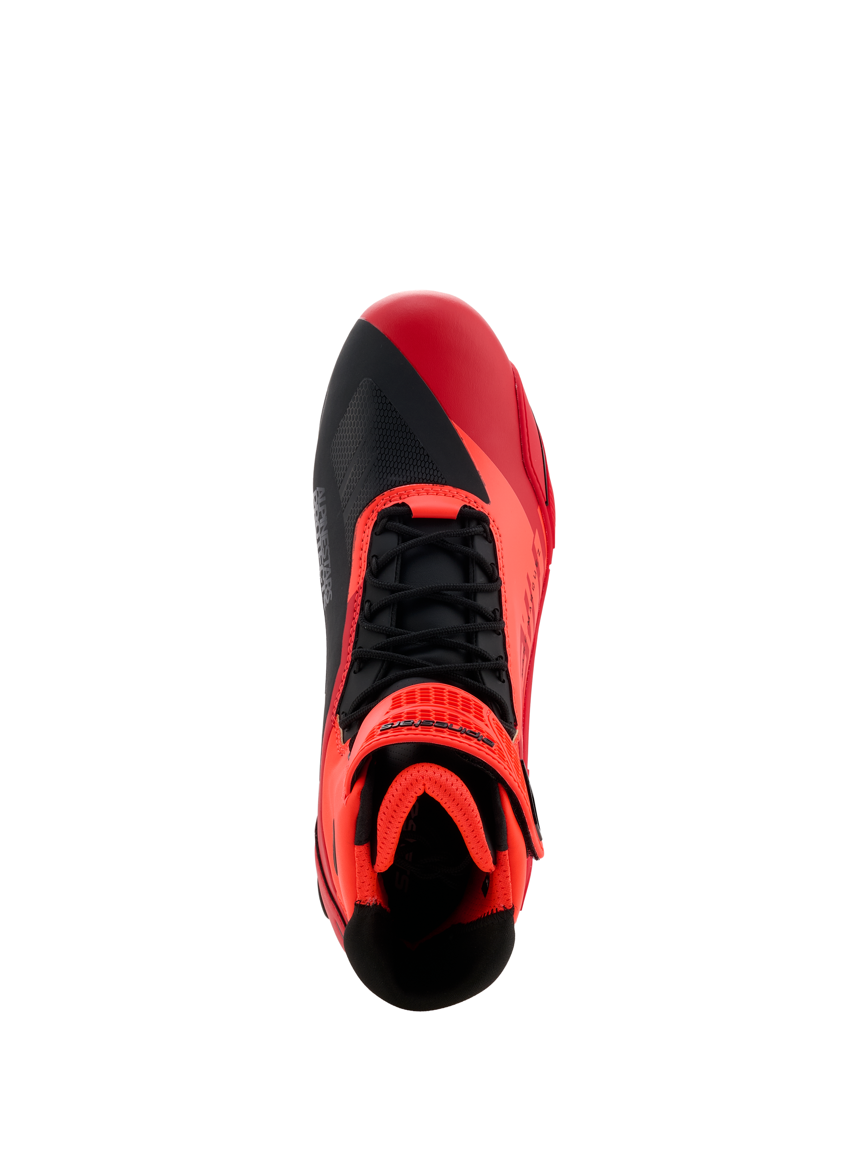 Alpinestars MM93 Faster-4 Schuhe, Motorradschuhe, Neonrot, Hellrot und Schwarz, Draufsicht mit schwarzen Schnürsenkeln und rotem Klettverschluss, asymmetrisches Zehendesign, gepolsterter Innenbereich für sportliches Fahren