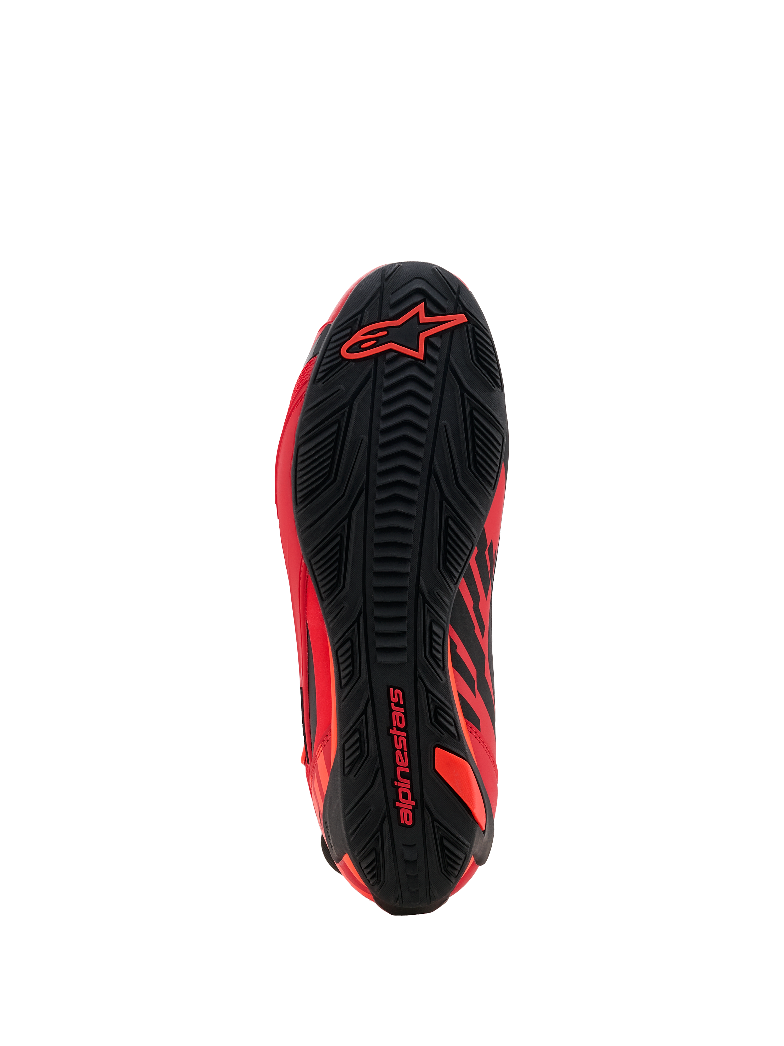 Alpinestars MM93 Faster-4 Schuhe, Motorradschuhe, Red Fluo Bright Red und Schwarz, Ansicht der Sohlenunterseite mit strukturiertem Gummiprofil, mit rotem Alpinestars-Branding an der Ferse und am Vorderfuß, Hochleistungs-Racing- und Sport-Schuhdesign