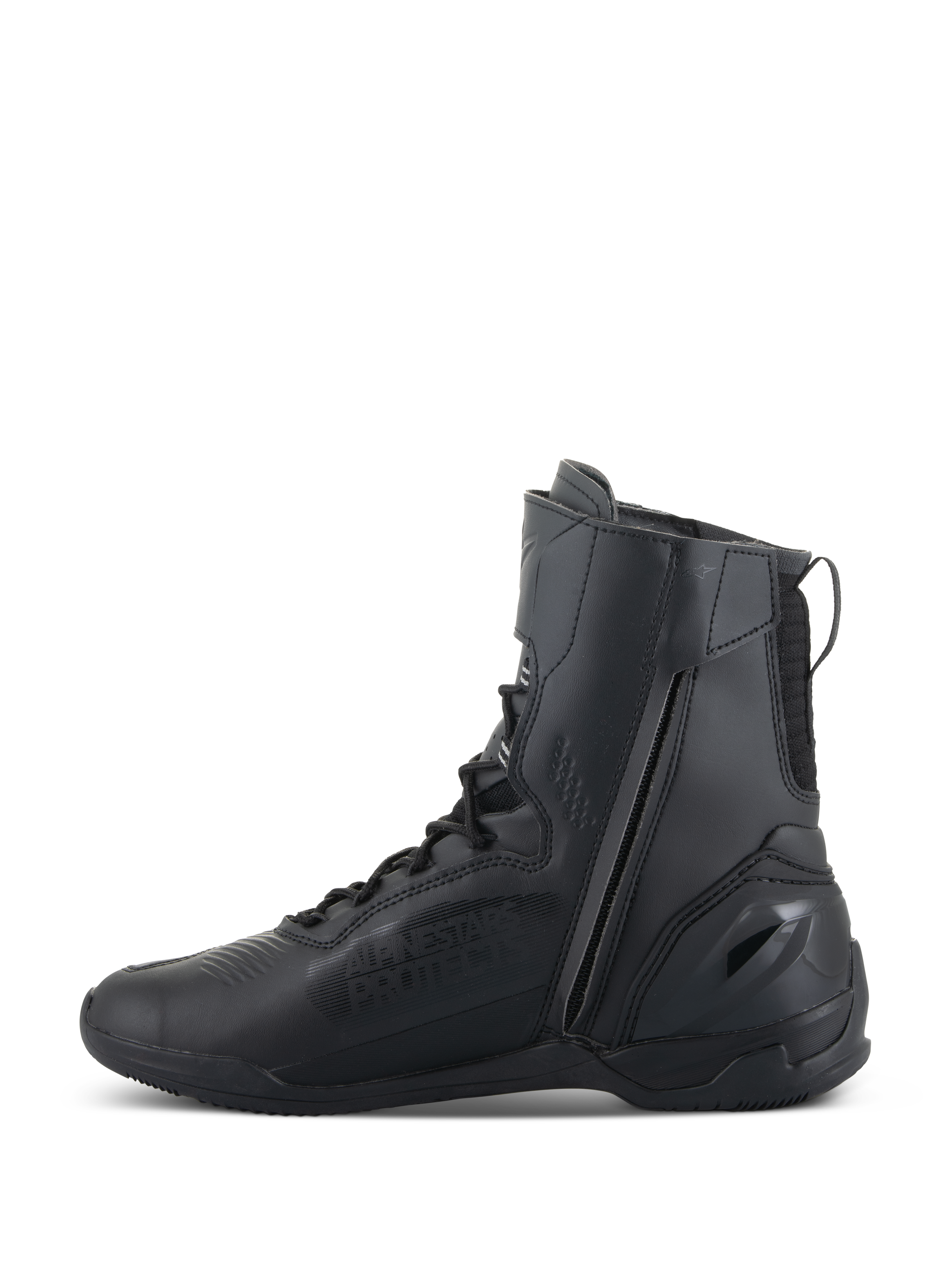 Alpinestars Superfaster Shoes, Motorcycle Riding Shoes, Black Black, featuring a tall 25cm profile with a long medial side zip and speed lace system, sleek all-black microfiber design with reinforced heel.