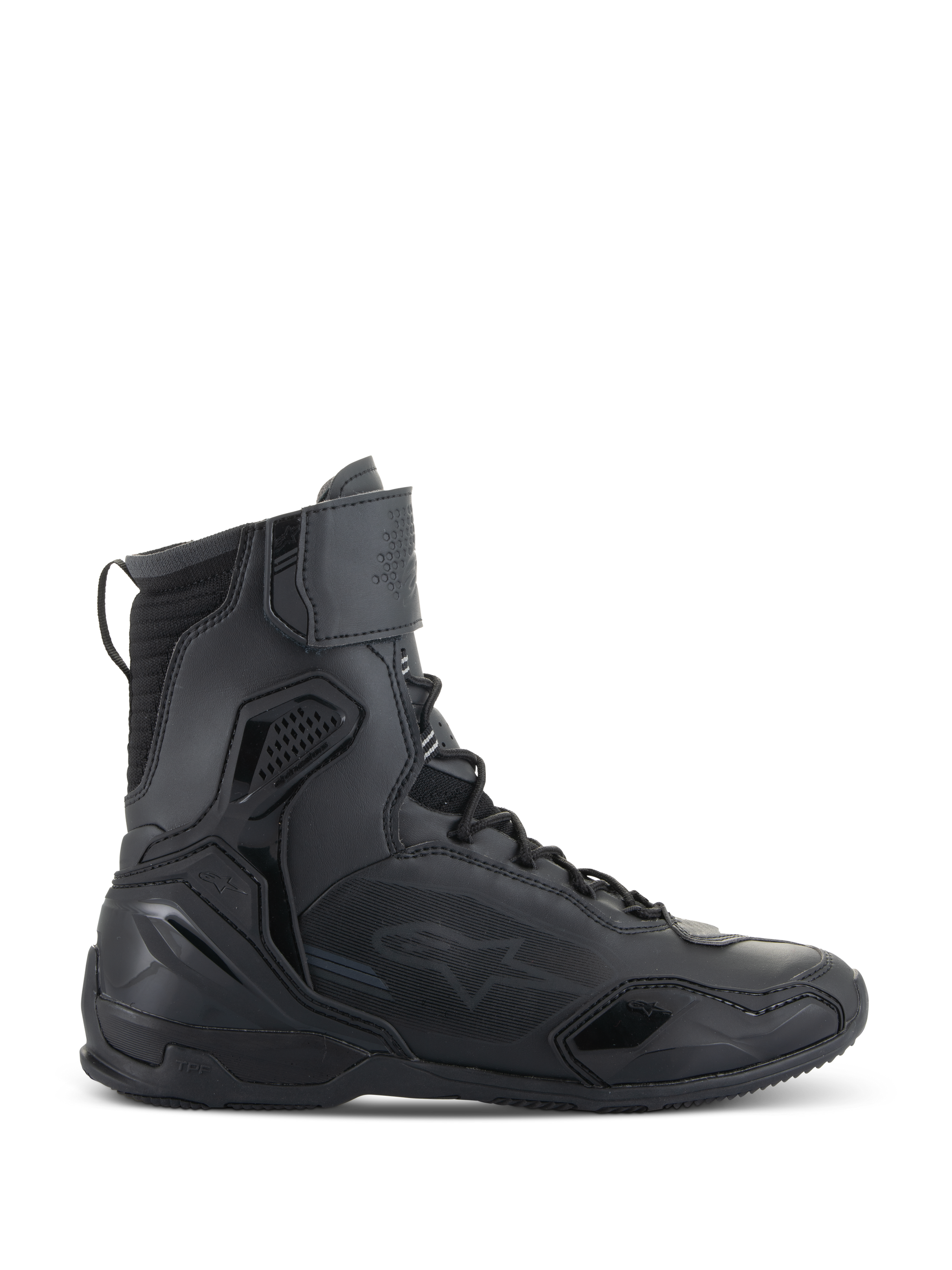 Alpinestars Superfaster Schuhe, Motorradschuhe, Schwarz, Seitenansicht von hohen technischen Schuhen mit integriertem Schutz, Schnellschnürsystem und Klettverschluss am Knöchel