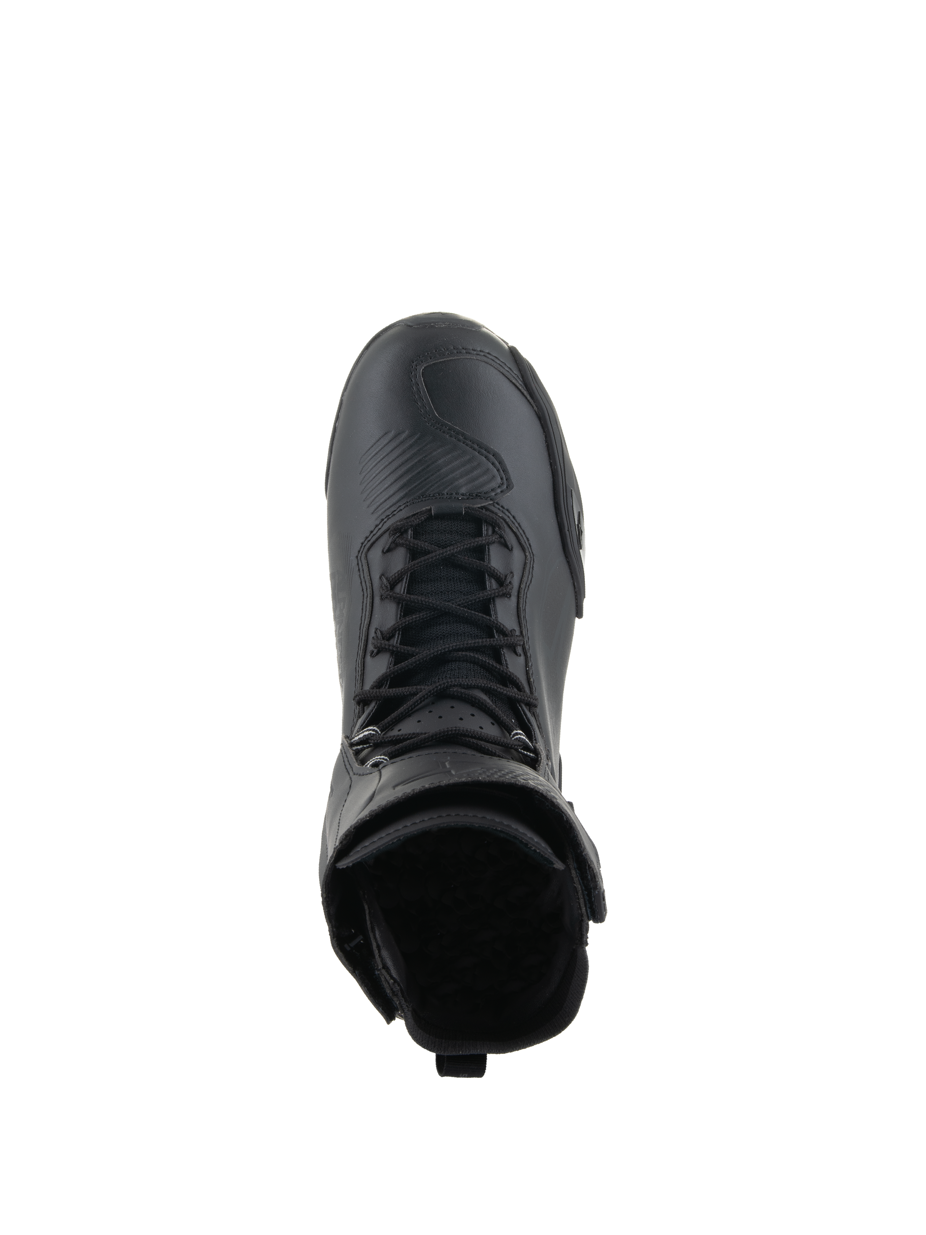 Alpinestars Superfaster Shoes, Motorcycle Riding Shoes, Black on Black, top-down view highlighting the speed lace system and high-top collar, sleek technical design with reinforced toe area.
